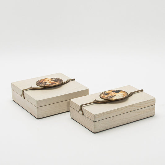 Set of 2 Boxes in Oak with Semi-Precious Stone and Brass by Kifu Paris