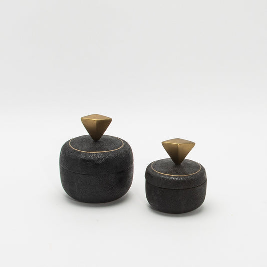 Set of 2 Round Boxes in Black Shagreen with Bronze Patina Brass Knob by Kifu Paris