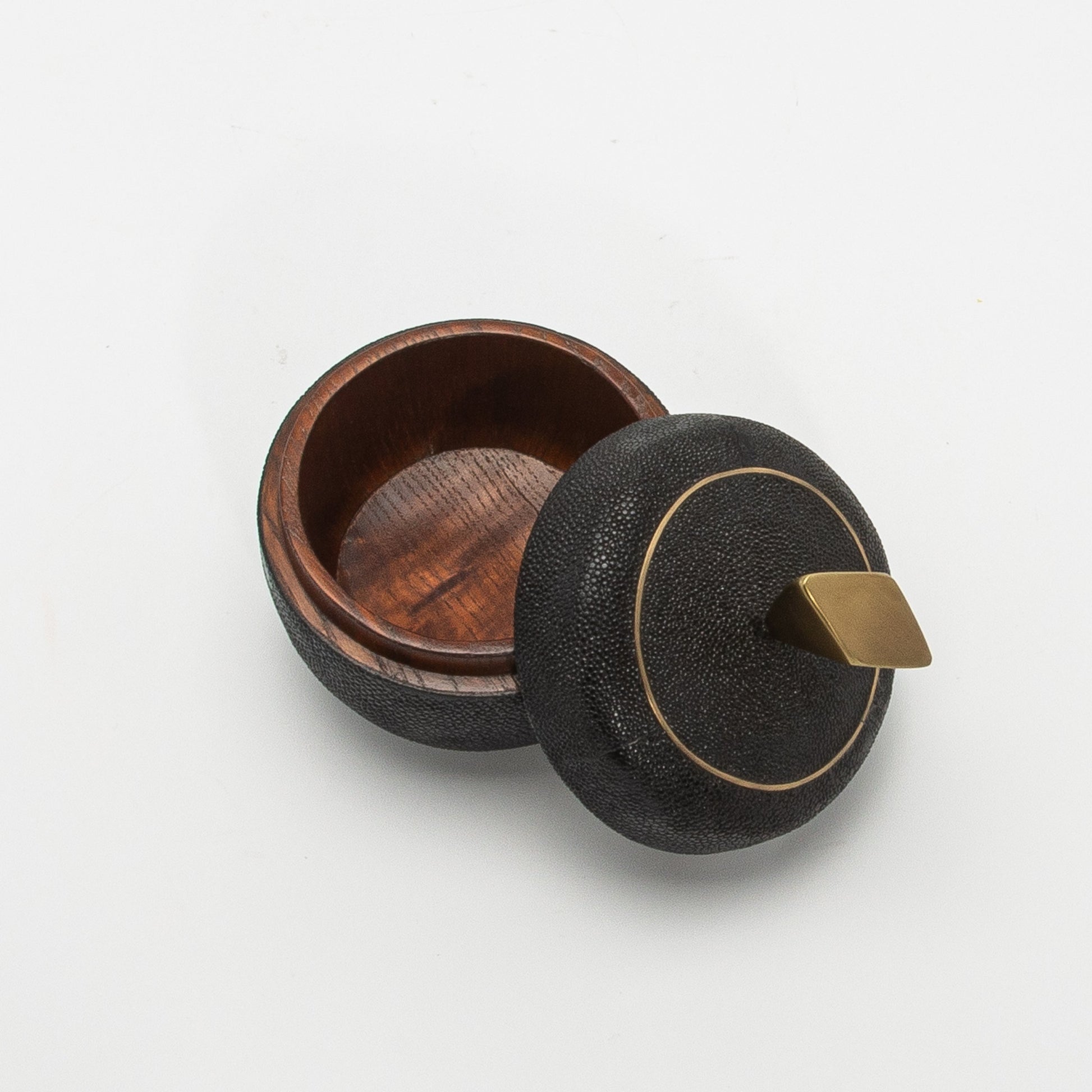 Set of 2 Round Boxes in Black Shagreen with Bronze Patina Brass Knob by Kifu Paris