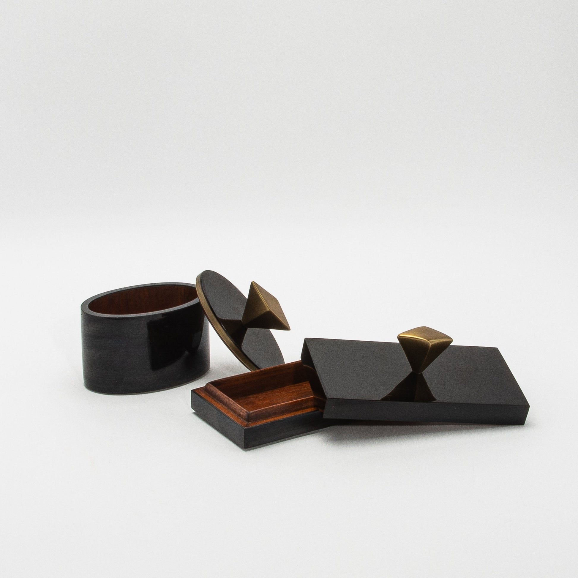 Set of 2 Boxes in Black Shell with Bronze Patina Brass Knob by Kifu Paris