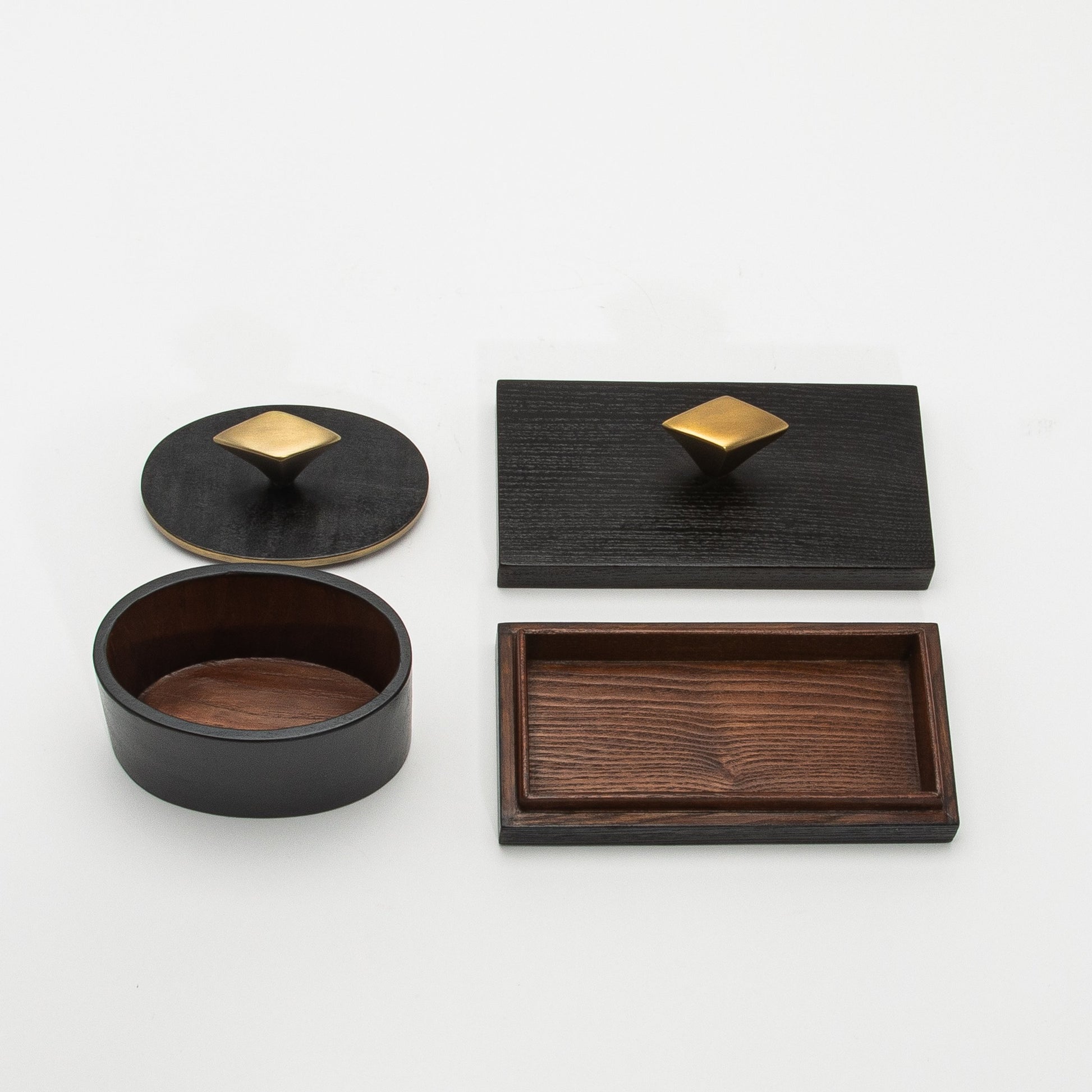 Set of 2 Boxes in Black Oak with Bronze Patina Brass Knob by Kifu Paris