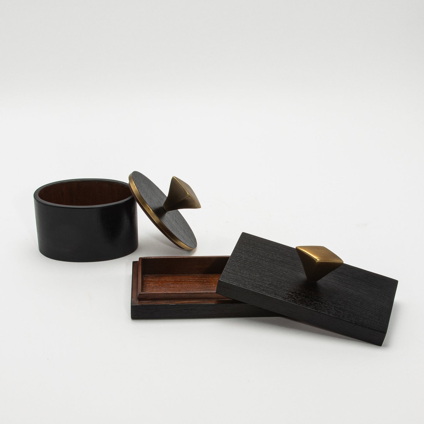 Set of 2 Boxes in Black Oak with Bronze Patina Brass Knob by Kifu Paris