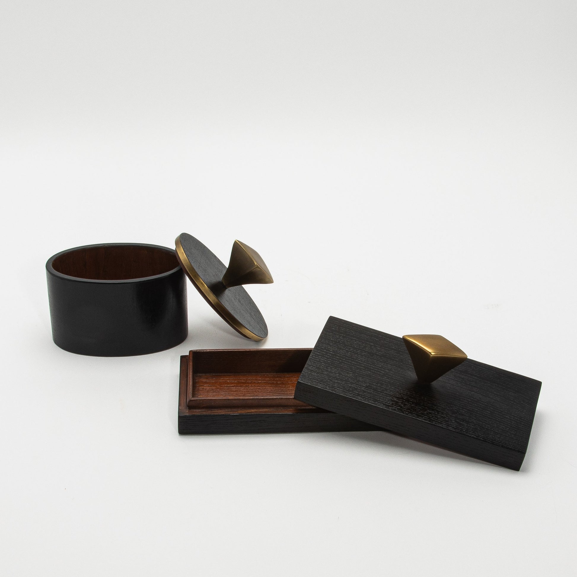 Set of 2 Boxes in Black Oak with Bronze Patina Brass Knob by Kifu Paris