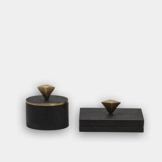 Set of 2 Boxes in Black Shagreen with Bronze Patina Brass Knob by Kifu Paris