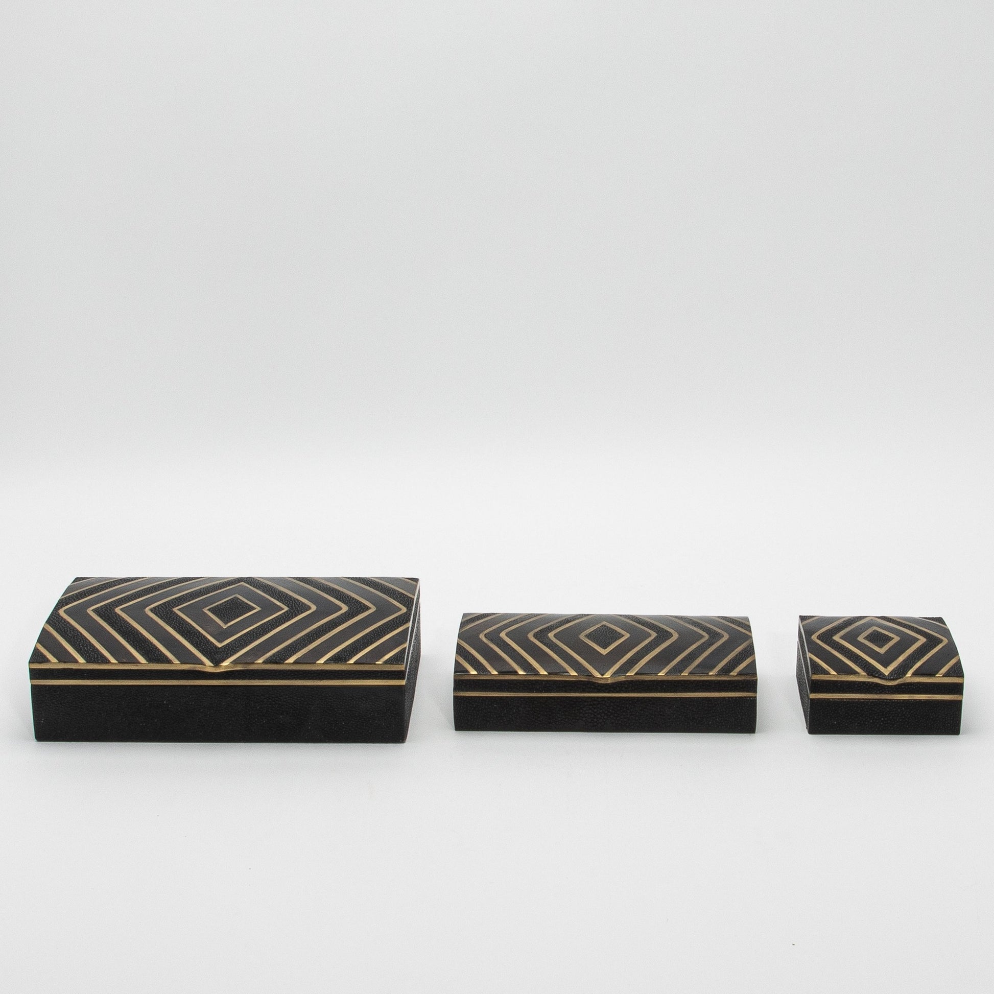 Set of 3 Boxes in Black Oak with Black Shell and Brass Details by R&Y Augousti