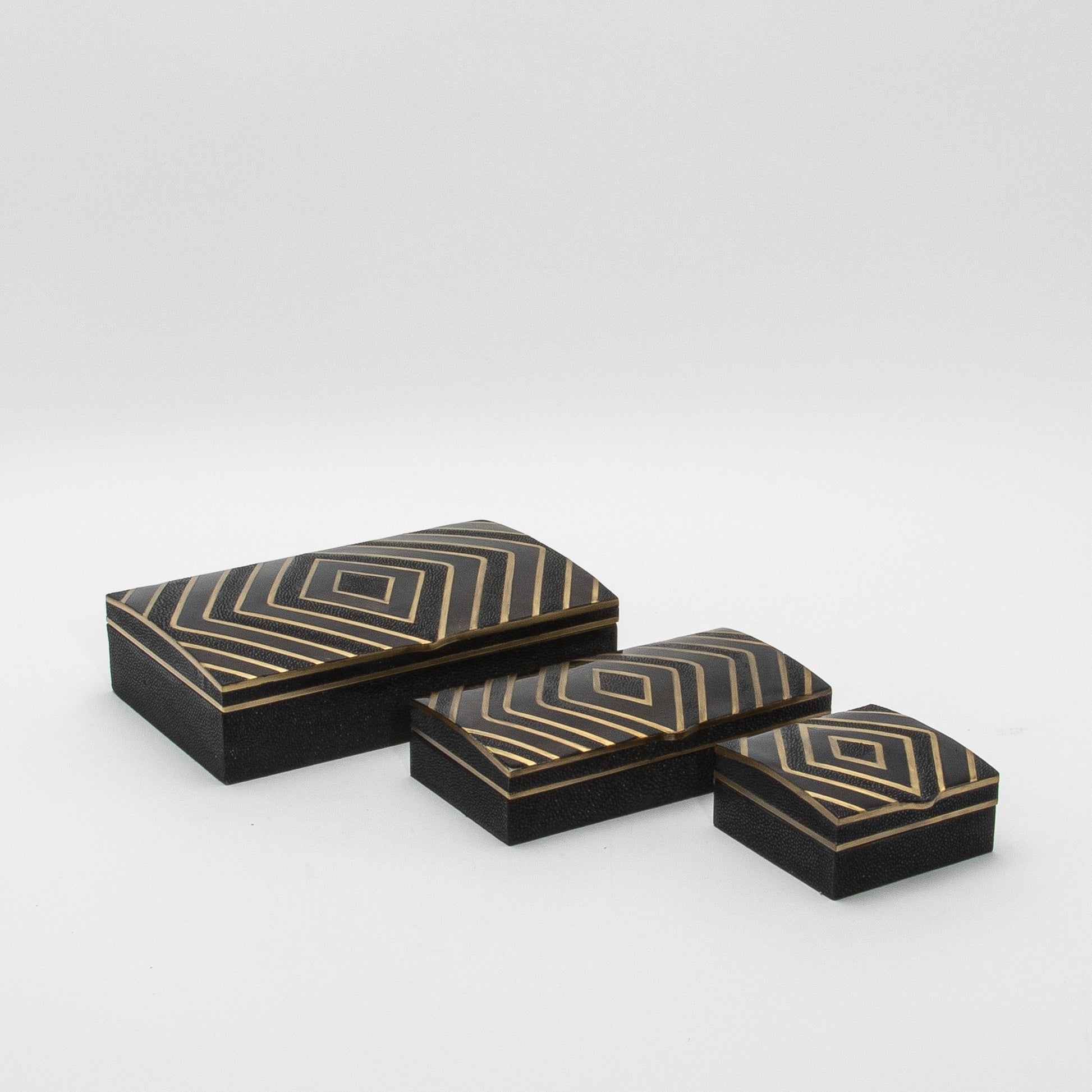 Set of 3 Boxes in Black Oak with Black Shell and Brass Details by R&Y Augousti