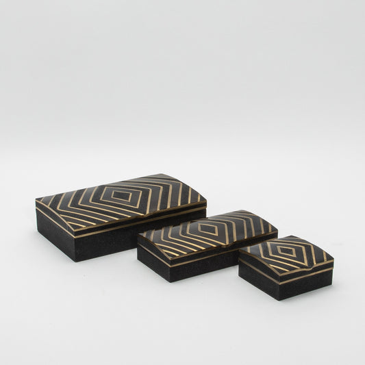 Set of 3 Boxes in Black Oak with Black Shell and Brass Details by R&Y Augousti