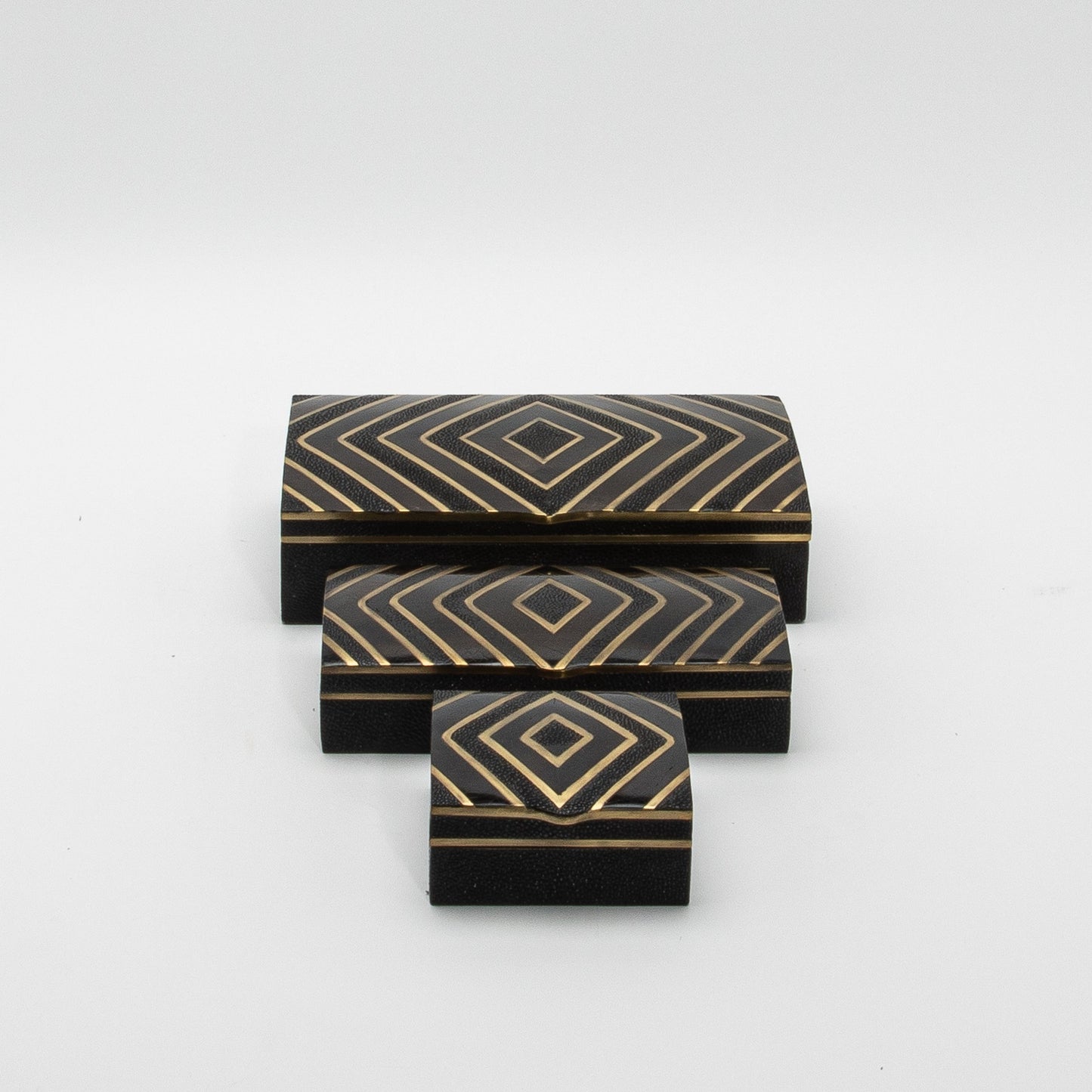 Set of 3 Boxes in Black Oak with Black Shell and Brass Details by R&Y Augousti