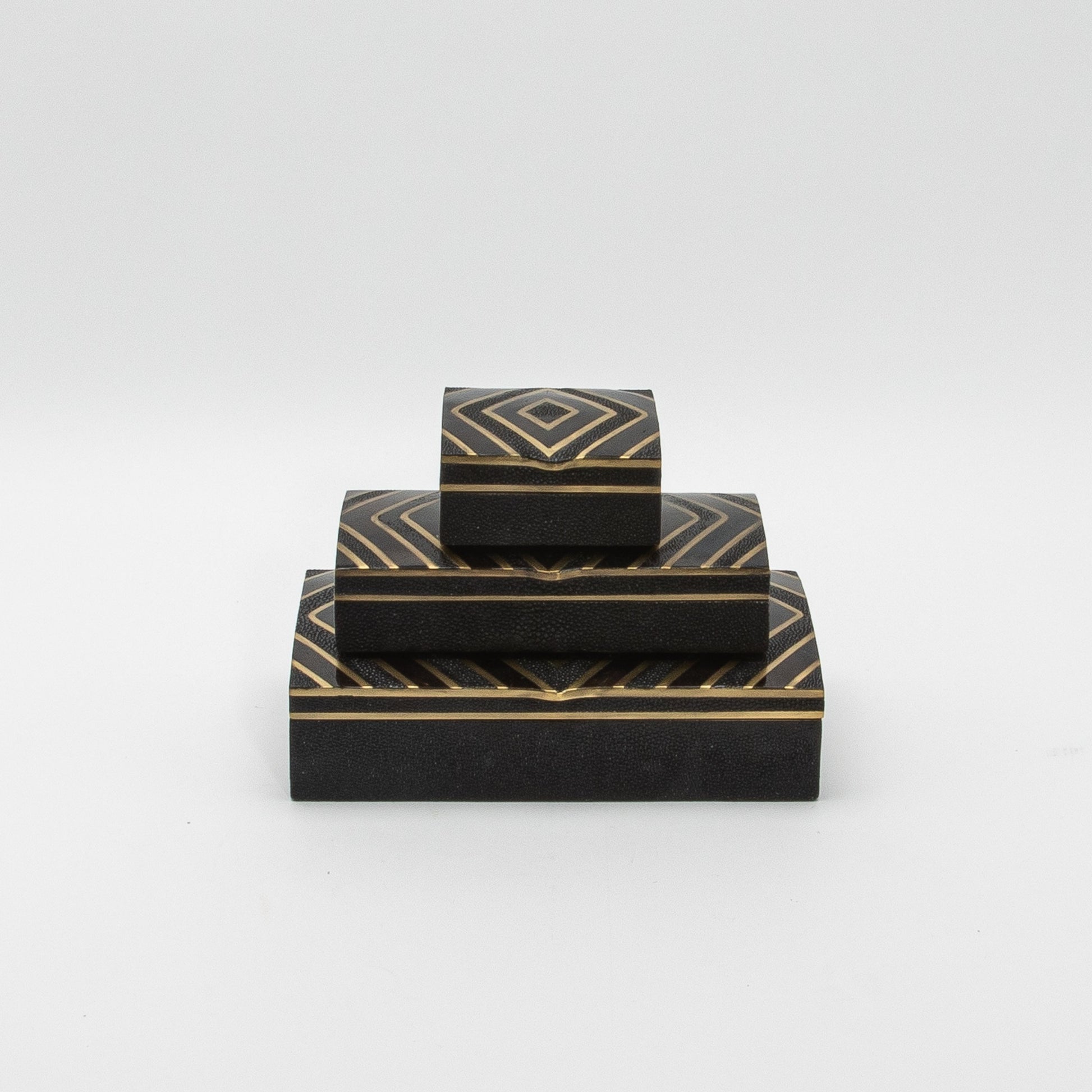 Set of 3 Boxes in Black Oak with Black Shell and Brass Details by R&Y Augousti