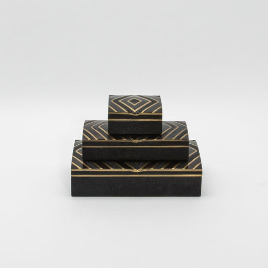 Set of 3 Boxes in Black Oak with Black Shell and Brass Details by R&Y Augousti