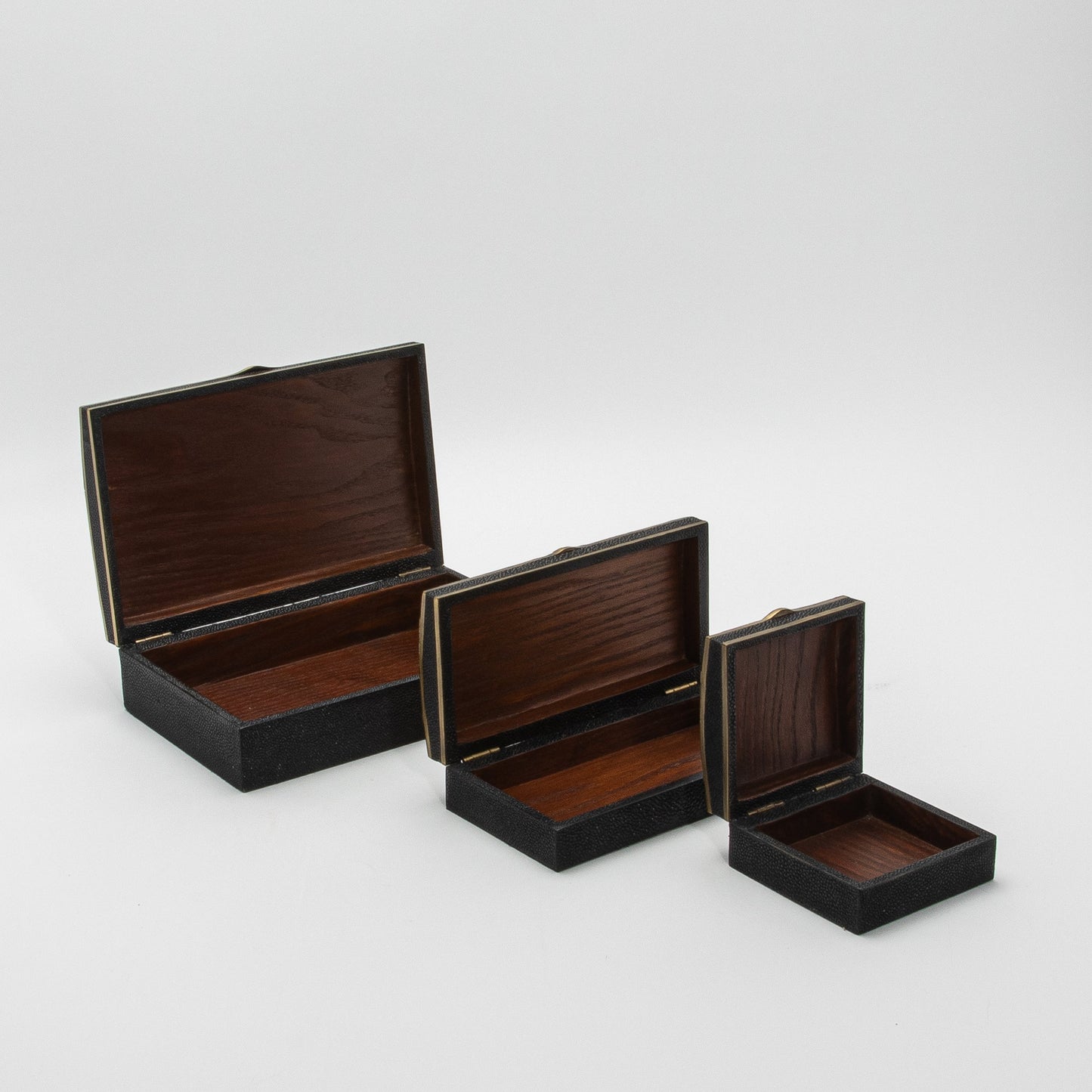 Set of 3 Boxes in Black Oak with Black Shell and Brass Details by R&Y Augousti