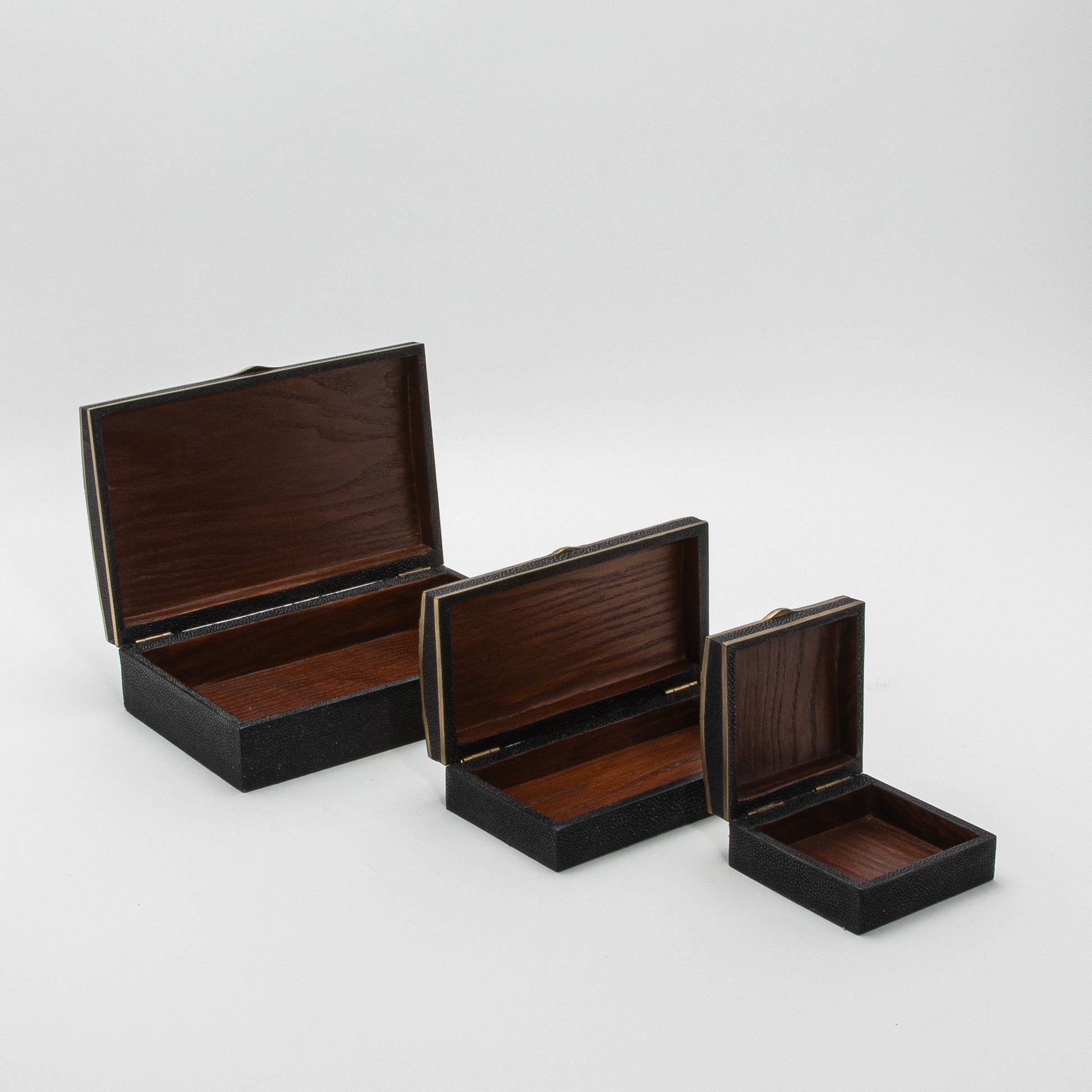 Set of 3 Boxes in Black Oak with Black Shell and Brass Details by R&Y Augousti
