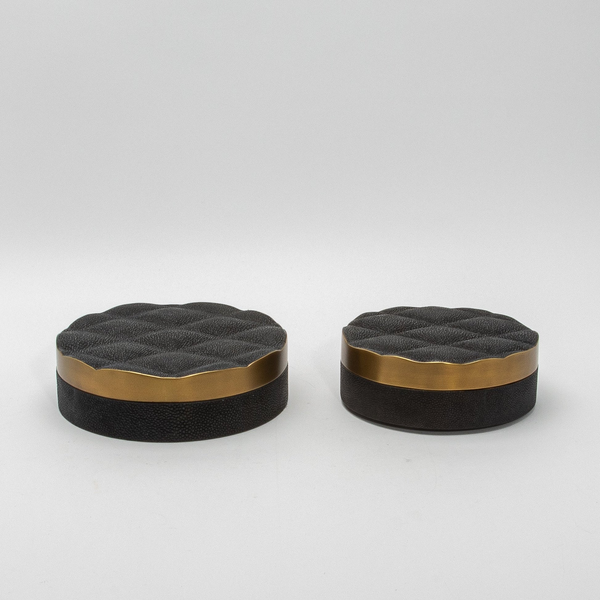 Set of 2 Quilted Boxes in Black Shagreen with Bronze Patina Brass by Kifu Paris