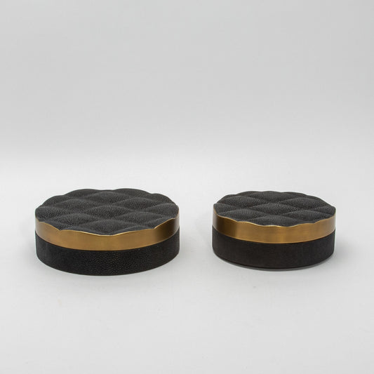 Set of 2 Quilted Boxes in Black Shagreen with Bronze Patina Brass by Kifu Paris