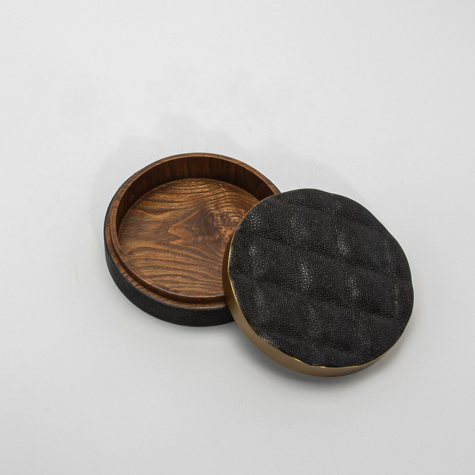 Set of 2 Quilted Boxes in Black Shagreen with Bronze Patina Brass by Kifu Paris