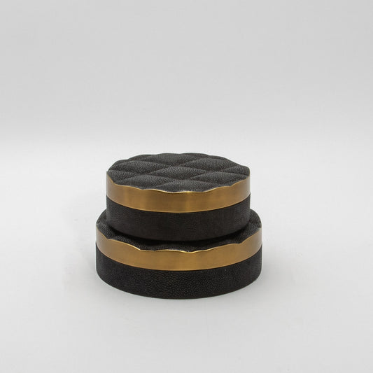 Set of 2 Quilted Boxes in Black Shagreen with Bronze Patina Brass by Kifu Paris