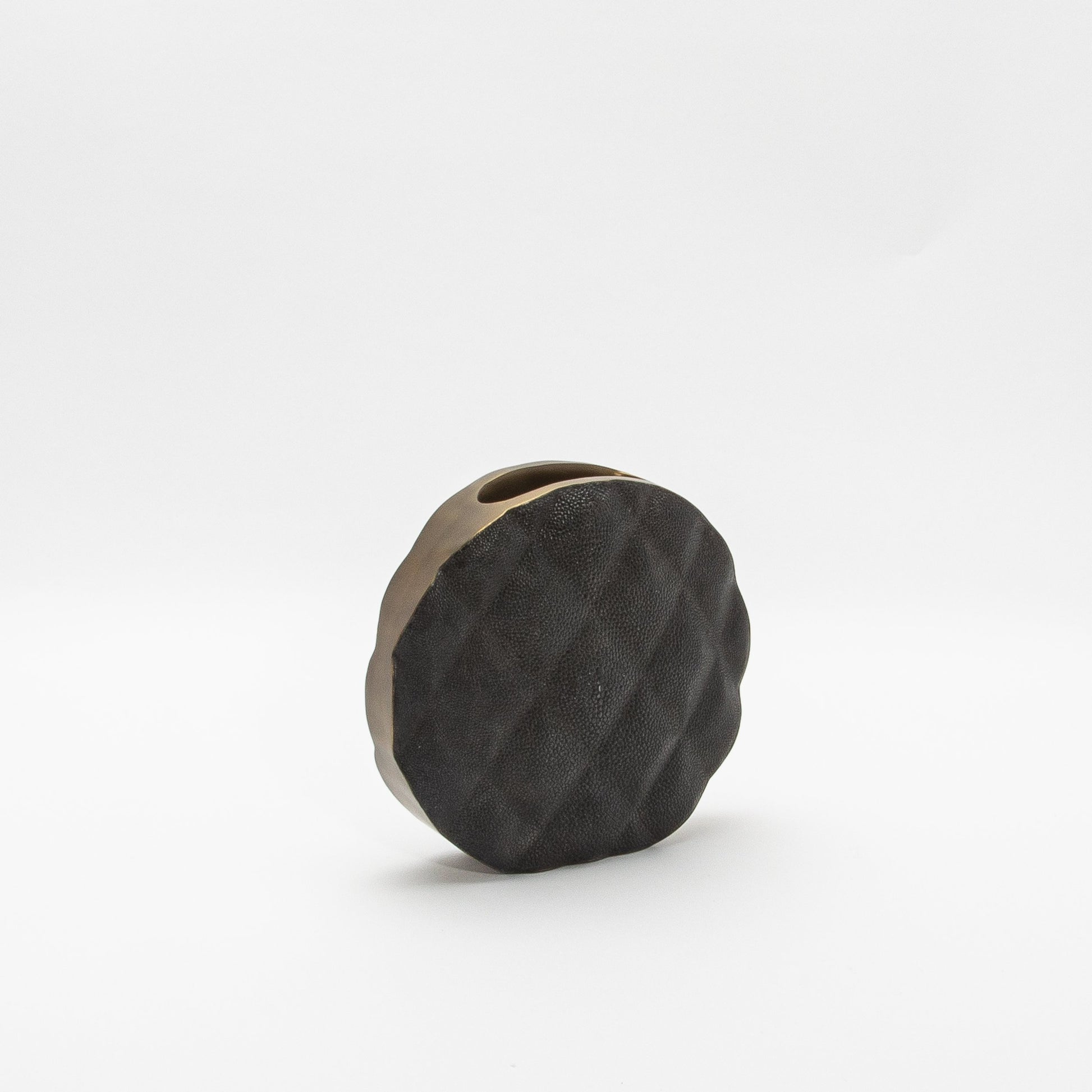 Quilted Vase in Black Shagreen with Brass by KIFU Paris