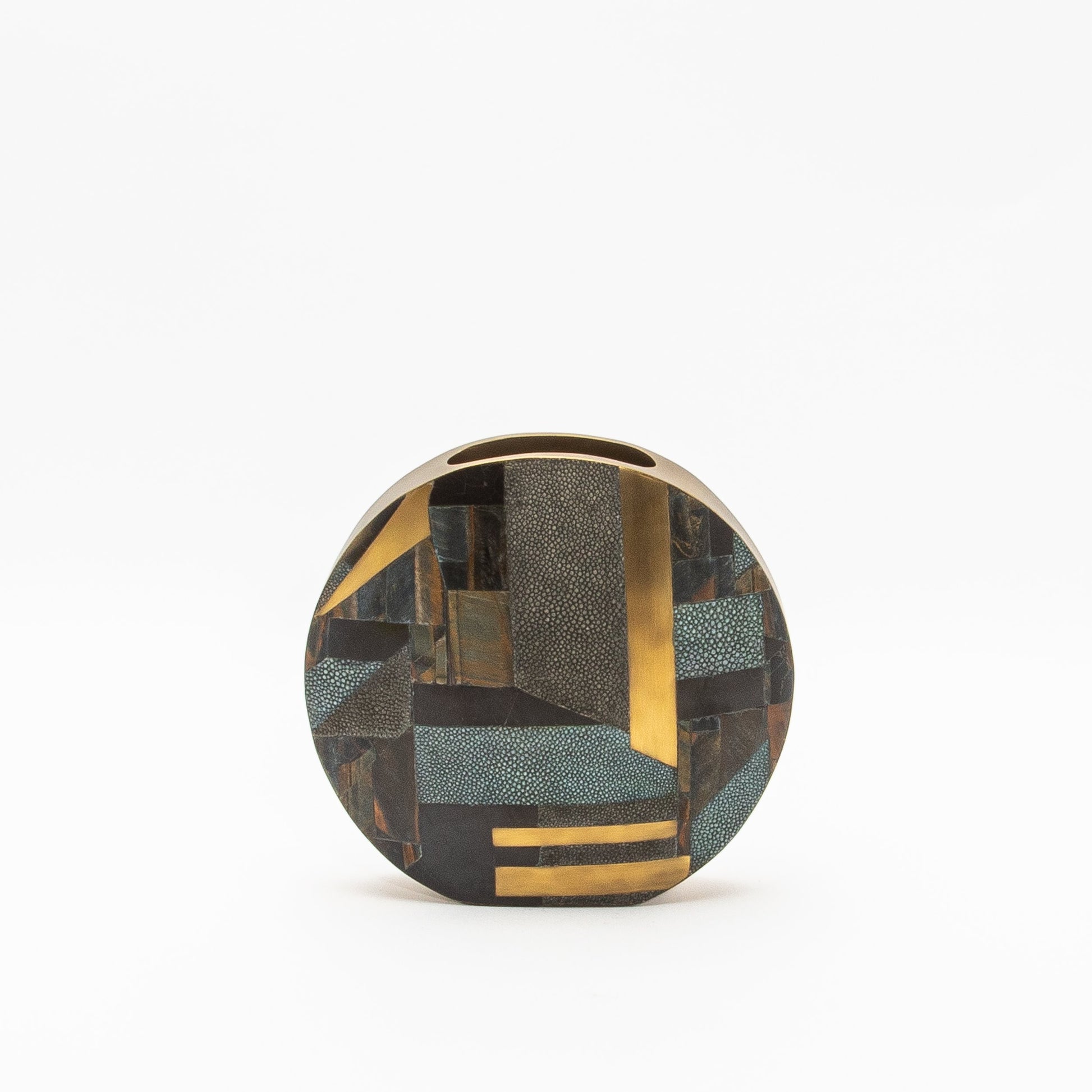 Vase in Grey Shagreen, Tiger Eye, Shell and Brass by R&Y Augousti