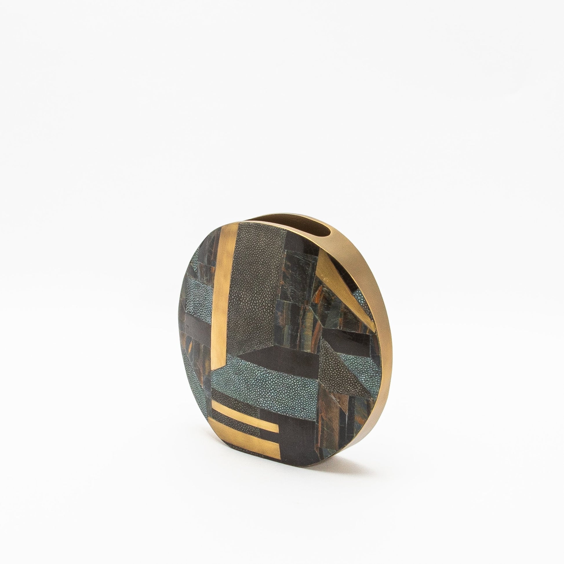 Vase in Grey Shagreen, Tiger Eye, Shell and Brass by R&Y Augousti