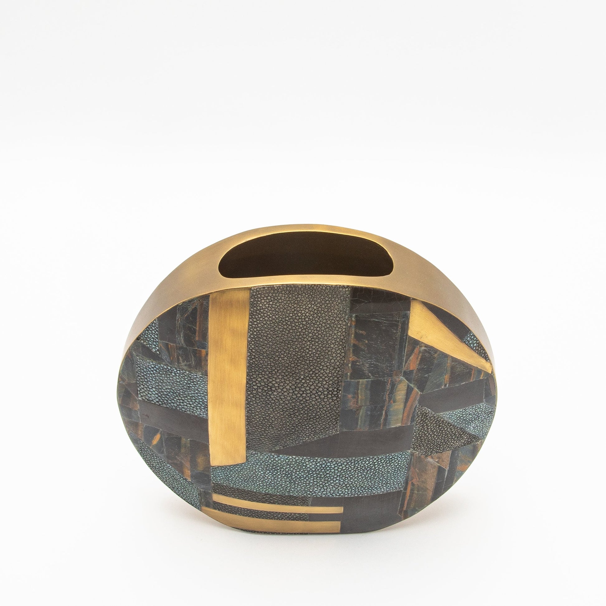 Vase in Grey Shagreen, Tiger Eye, Shell and Brass by R&Y Augousti