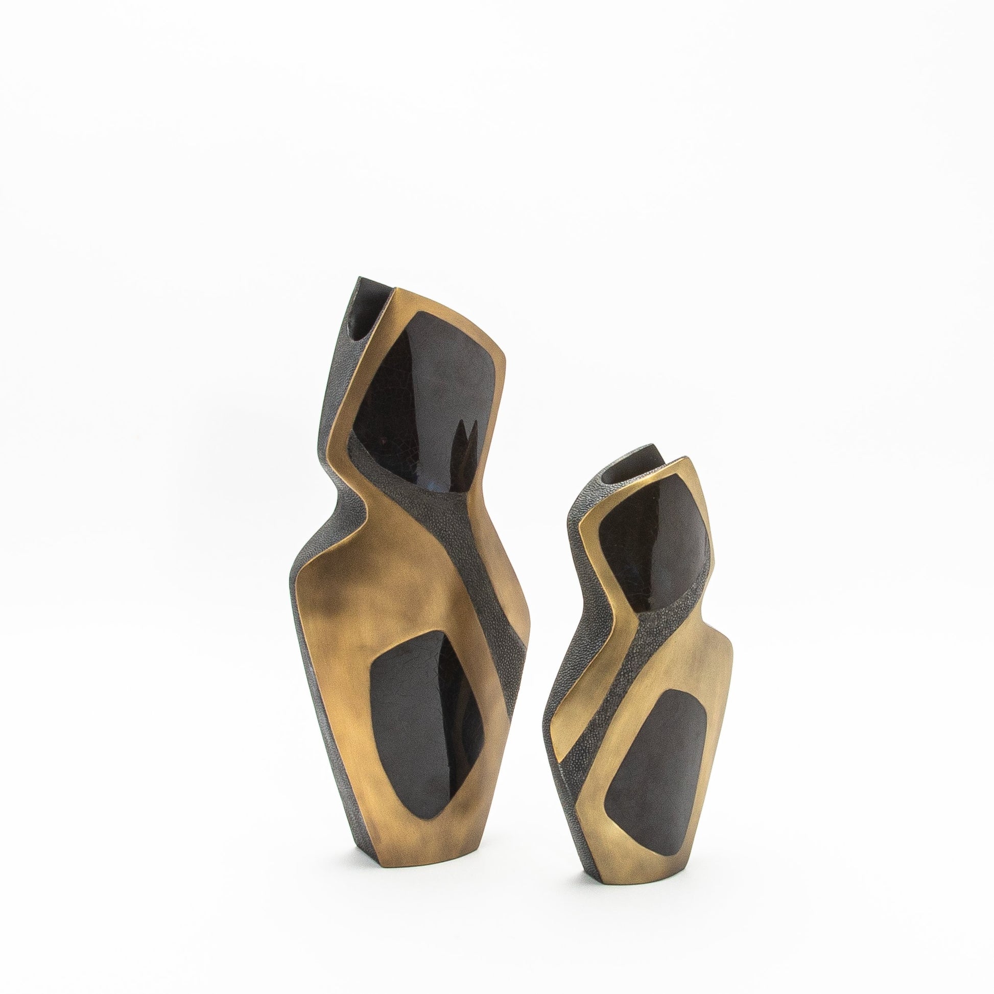 Sculptural Vase in Black Shagreen, Shell, and Brass by R&Y Augousti
