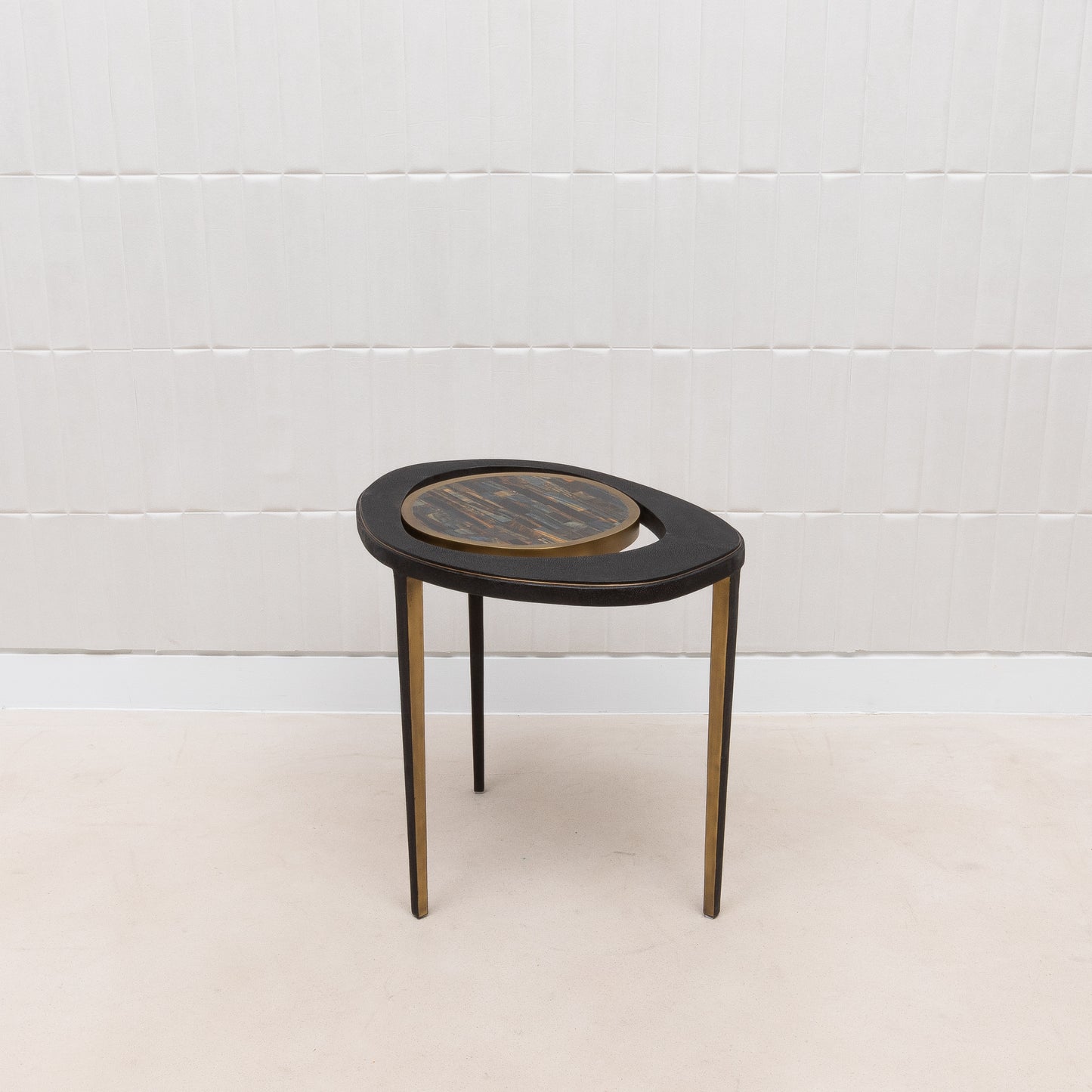 Side Table in Black Shagreen with Tiger Eye Stone Top and Bronze Patina Brass by R&Y Augousti