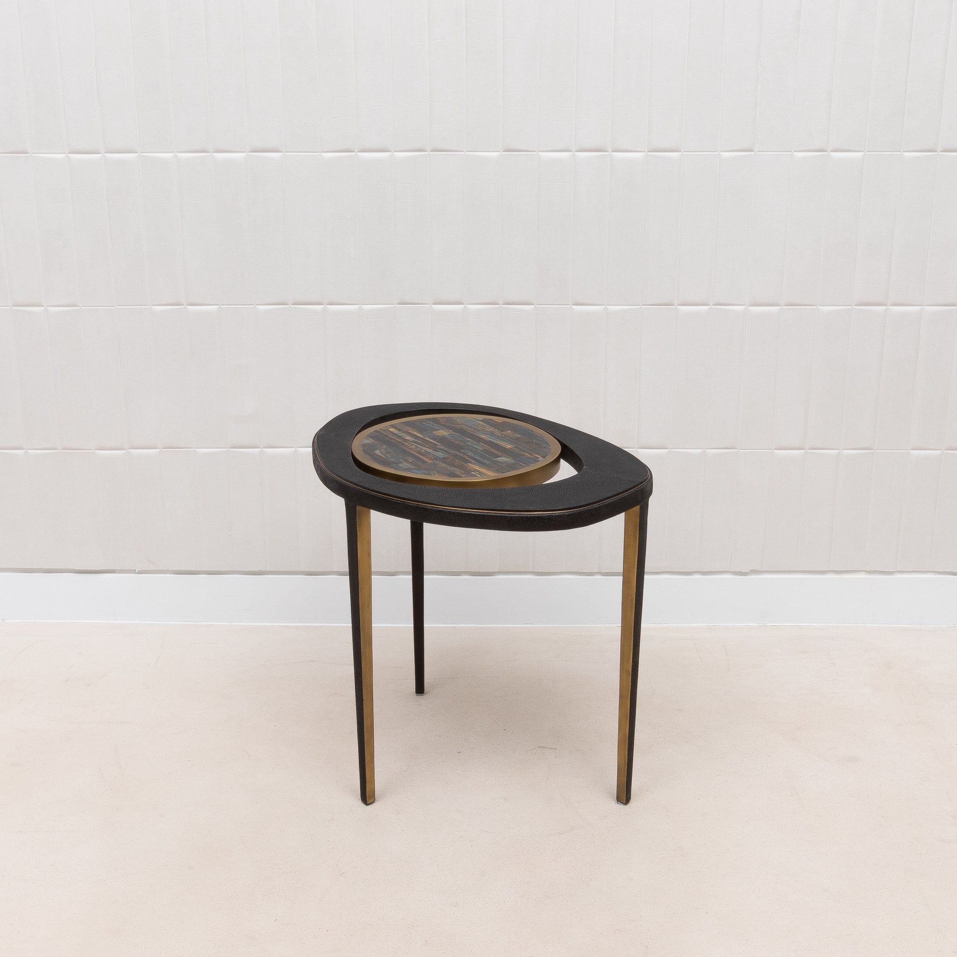 Side Table in Black Shagreen with Tiger Eye Stone Top and Bronze Patina Brass by R&Y Augousti
