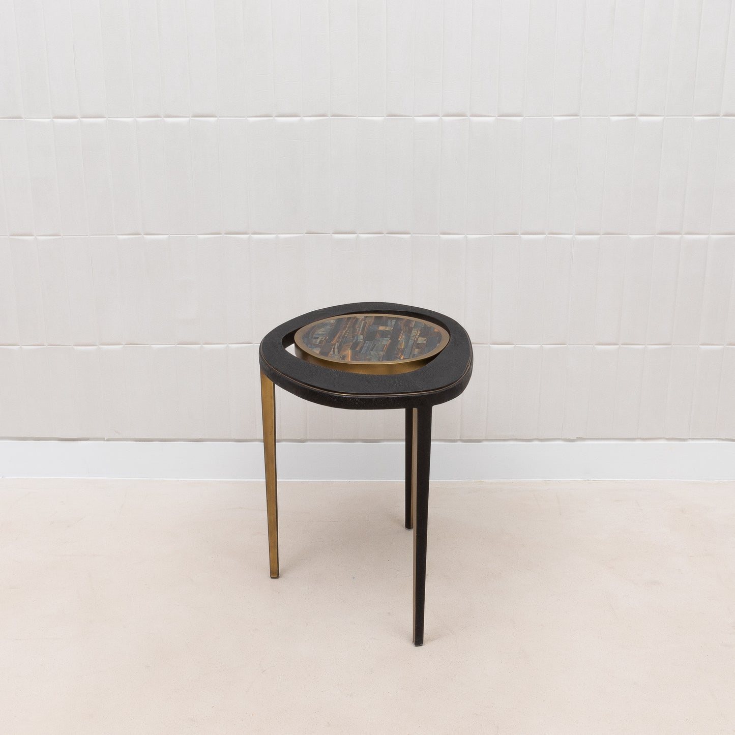 Side Table in Black Shagreen with Tiger Eye Stone Top and Bronze Patina Brass by R&Y Augousti