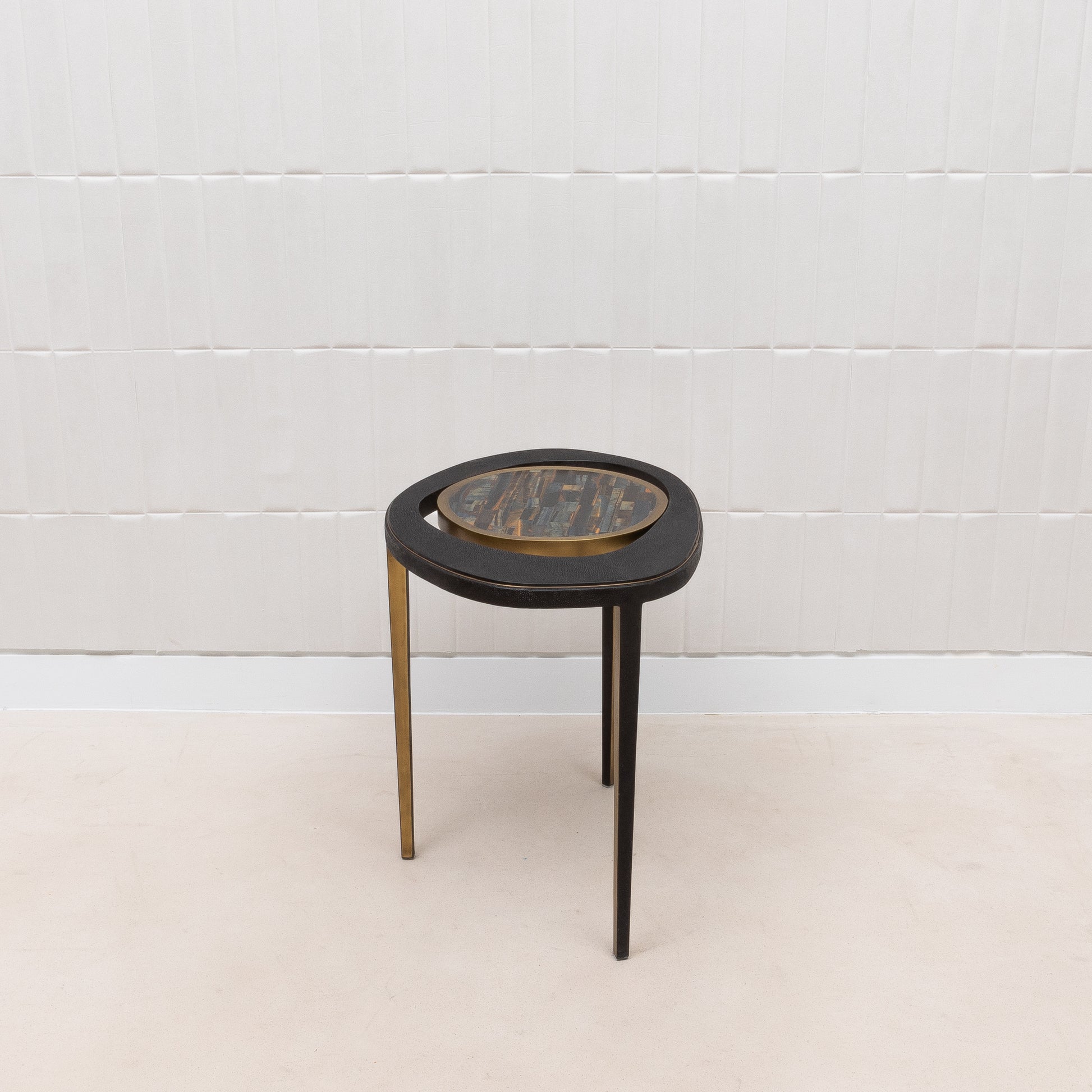 Side Table in Black Shagreen with Tiger Eye Stone Top and Bronze Patina Brass by R&Y Augousti
