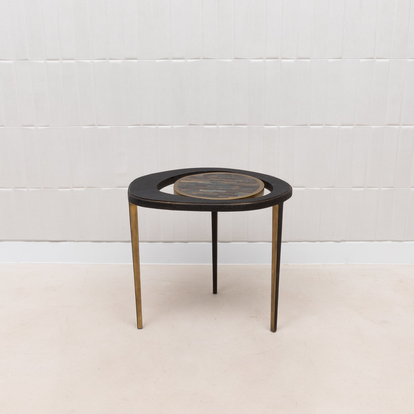 Side Table in Black Shagreen with Tiger Eye Stone Top and Bronze Patina Brass by R&Y Augousti