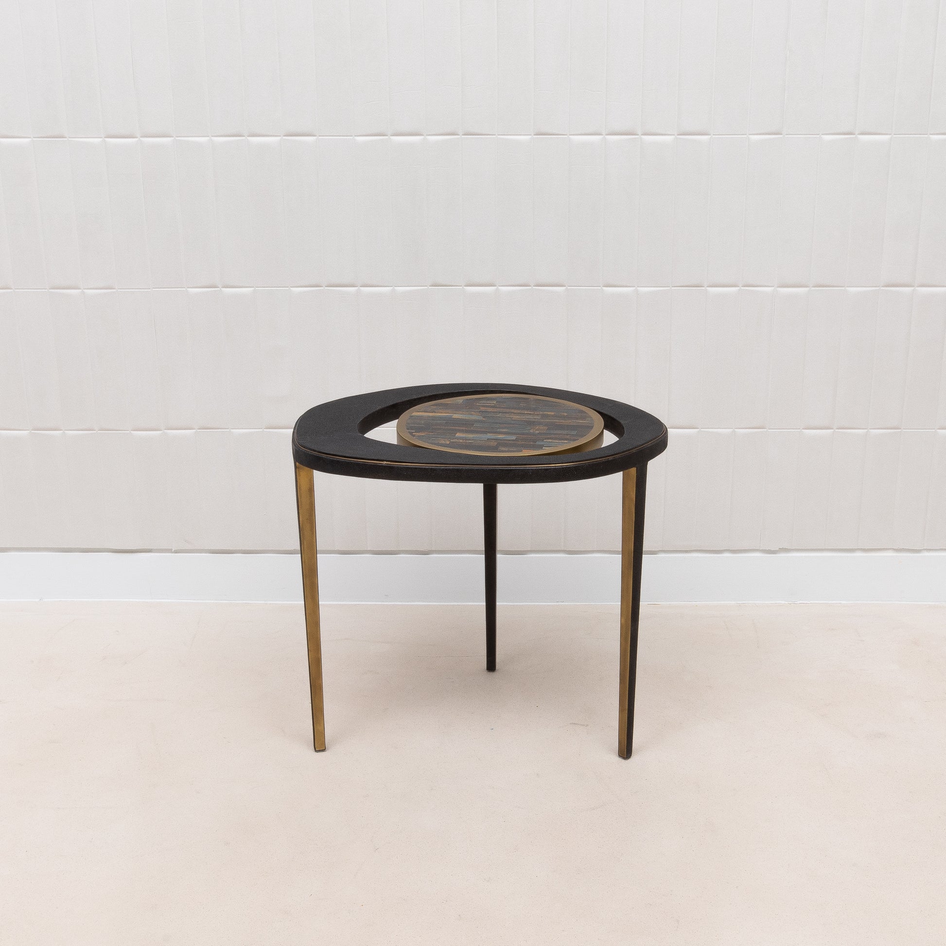 Side Table in Black Shagreen with Tiger Eye Stone Top and Bronze Patina Brass by R&Y Augousti