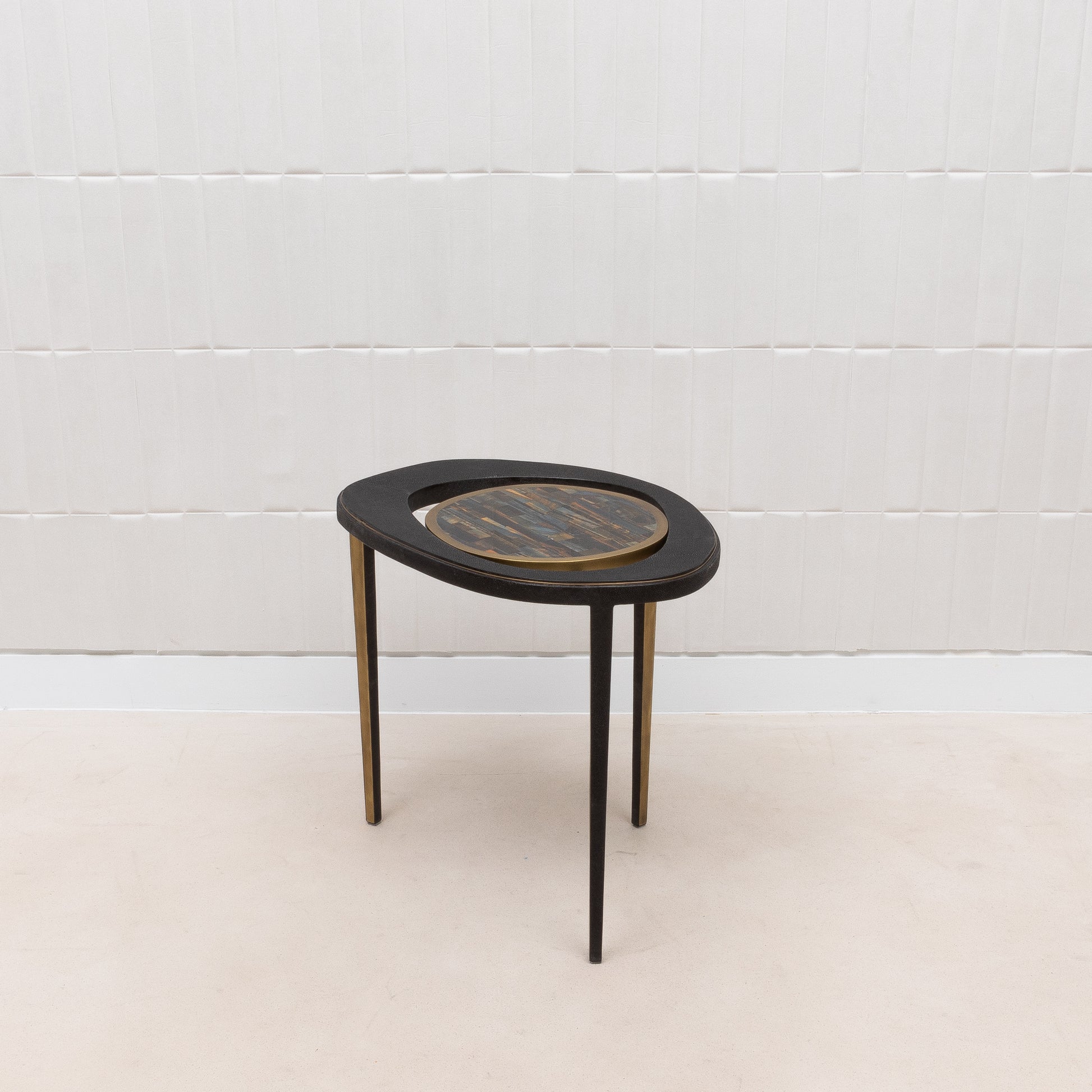 Side Table in Black Shagreen with Tiger Eye Stone Top and Bronze Patina Brass by R&Y Augousti