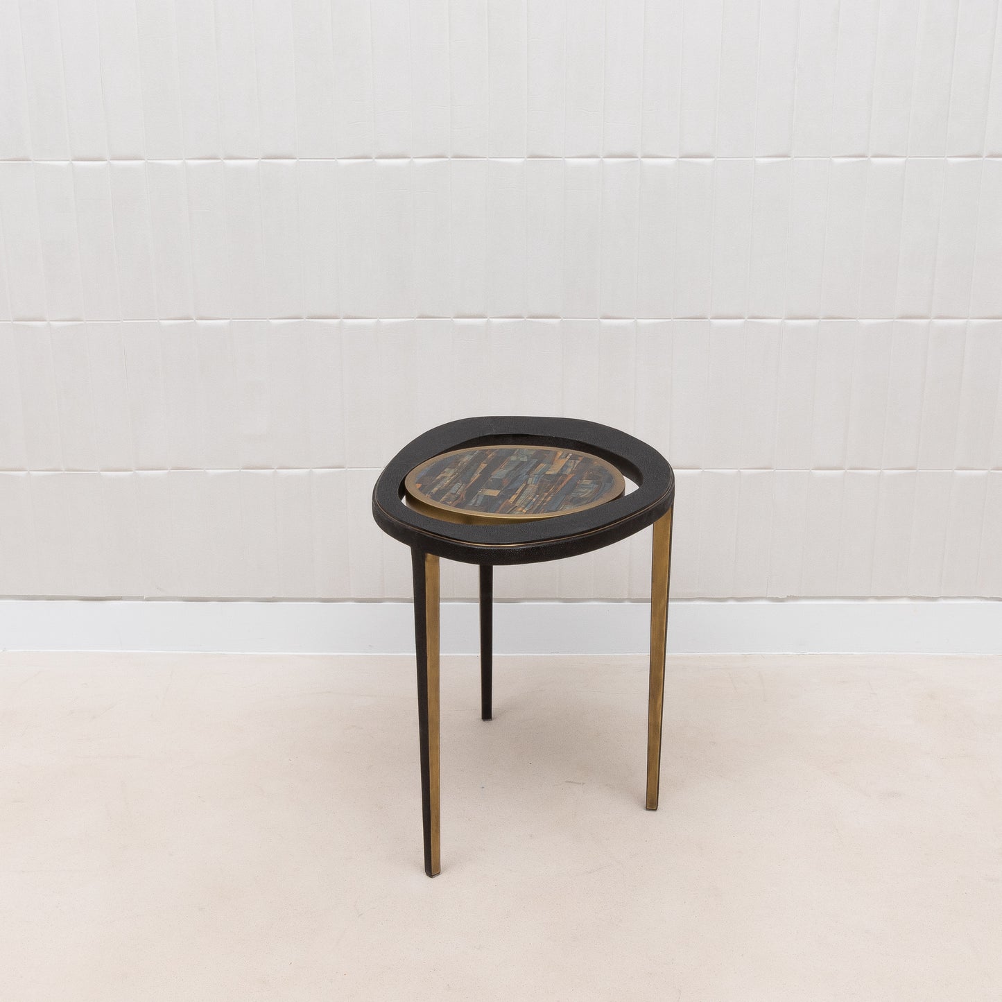 Side Table in Black Shagreen with Tiger Eye Stone Top and Bronze Patina Brass by R&Y Augousti