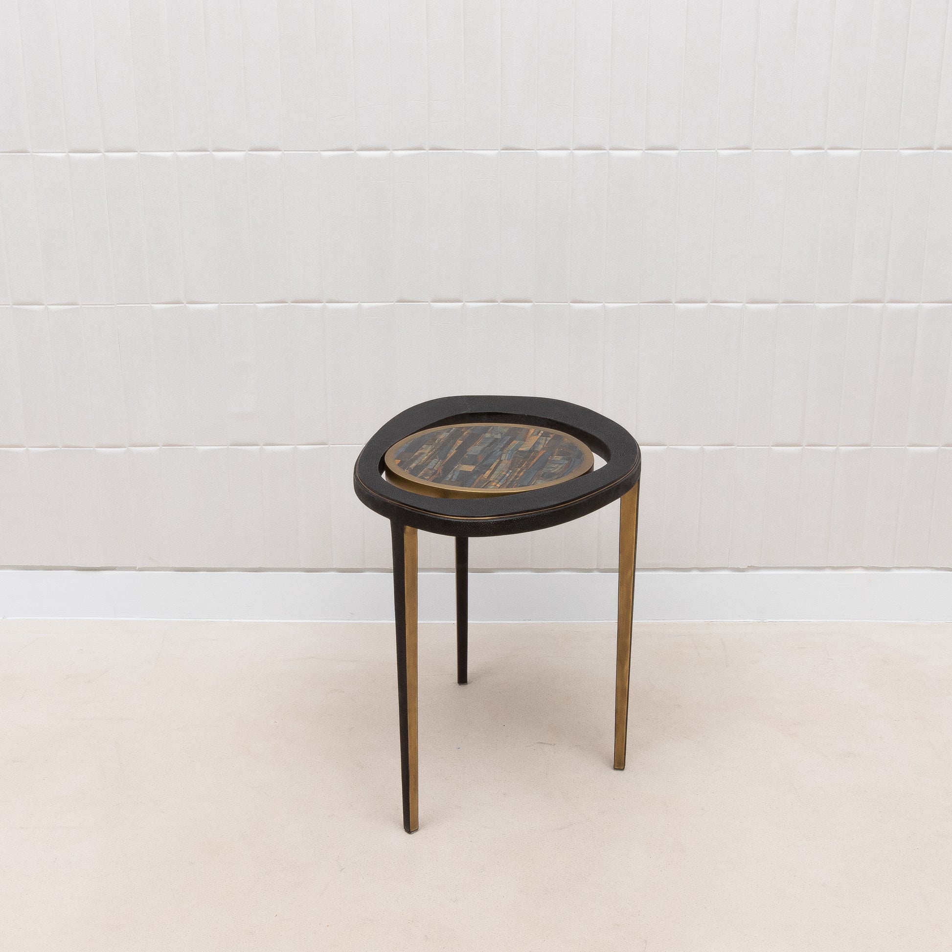 Side Table in Black Shagreen with Tiger Eye Stone Top and Bronze Patina Brass by R&Y Augousti