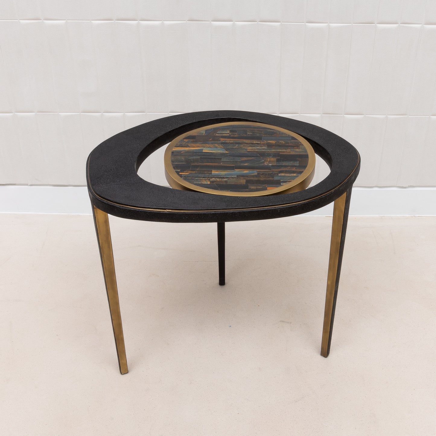 Side Table in Black Shagreen with Tiger Eye Stone Top and Bronze Patina Brass by R&Y Augousti
