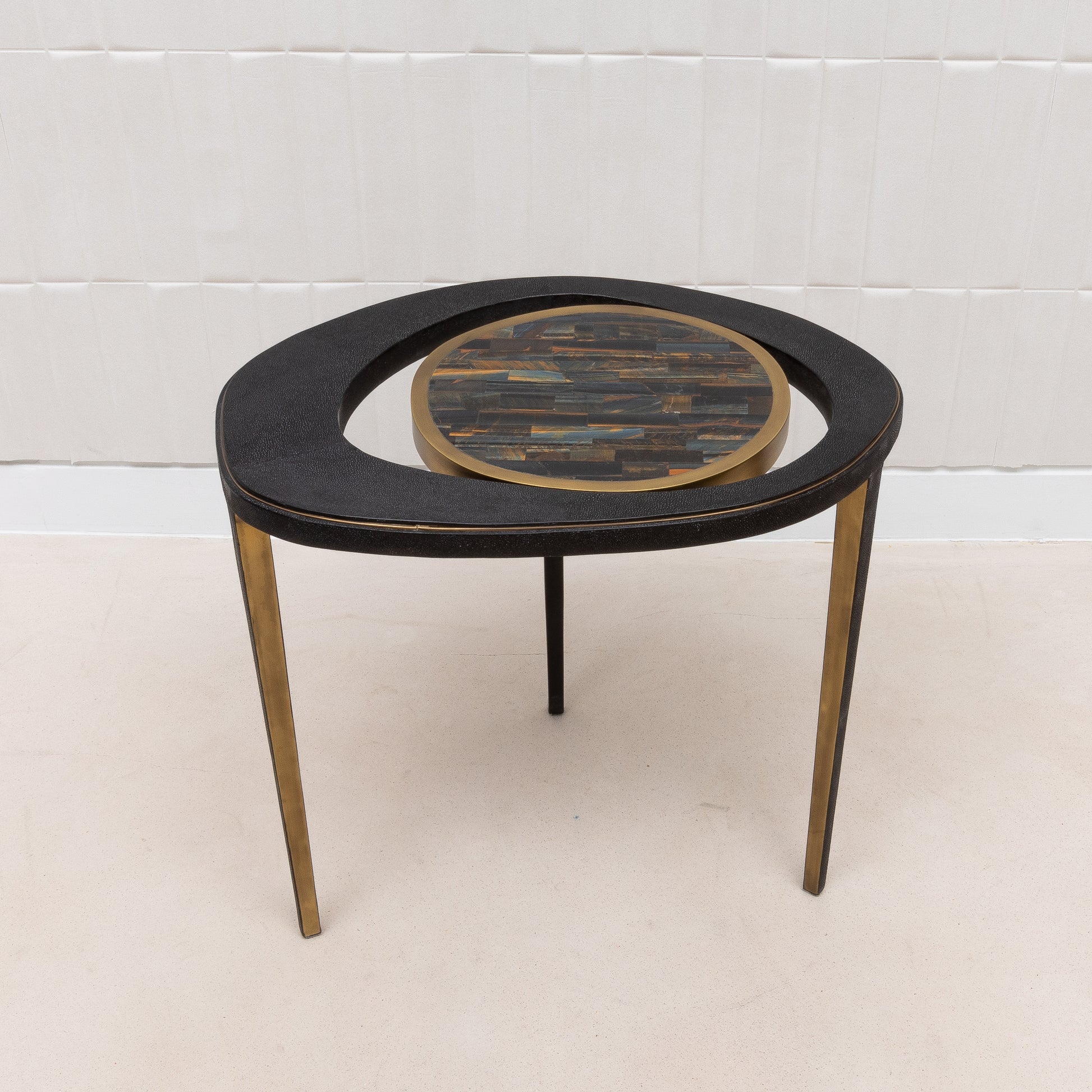 Side Table in Black Shagreen with Tiger Eye Stone Top and Bronze Patina Brass by R&Y Augousti