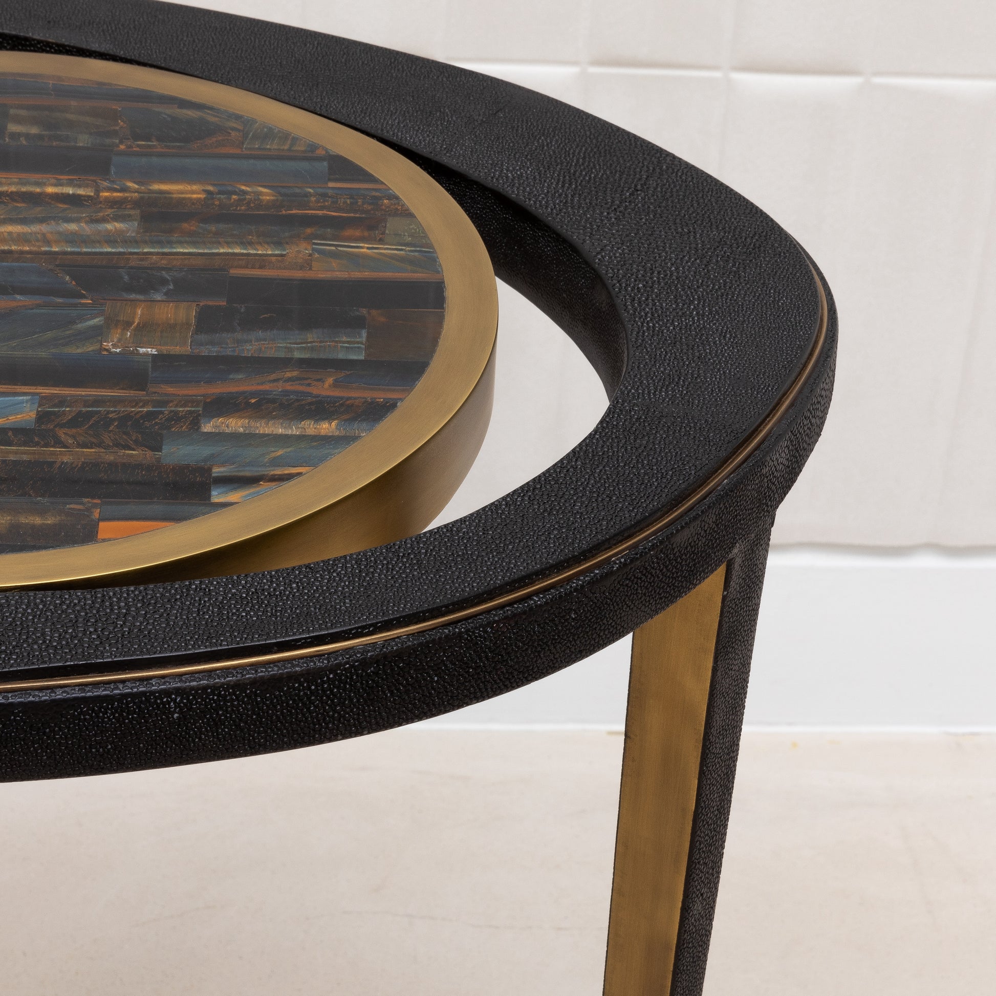 Side Table in Black Shagreen with Tiger Eye Stone Top and Bronze Patina Brass by R&Y Augousti