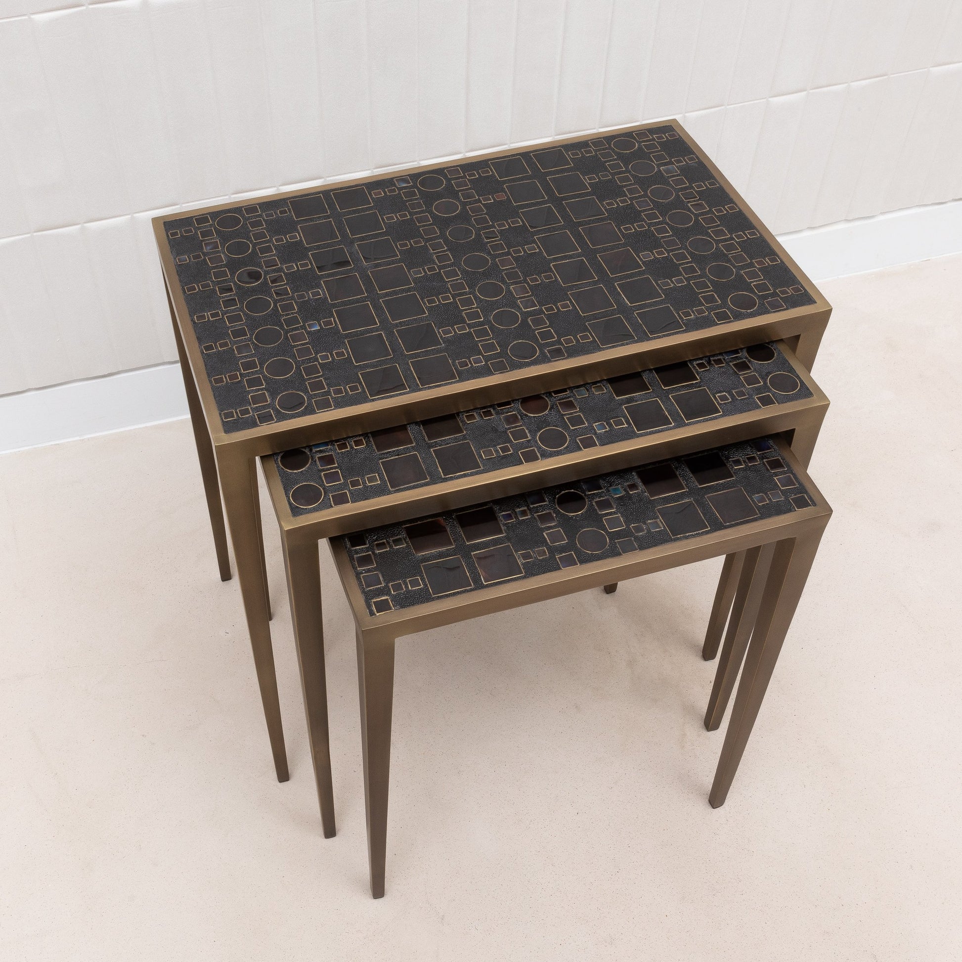 Set of 3 Nesting Tables in Black Shagreen and Pen Shell by R&Y Augousti