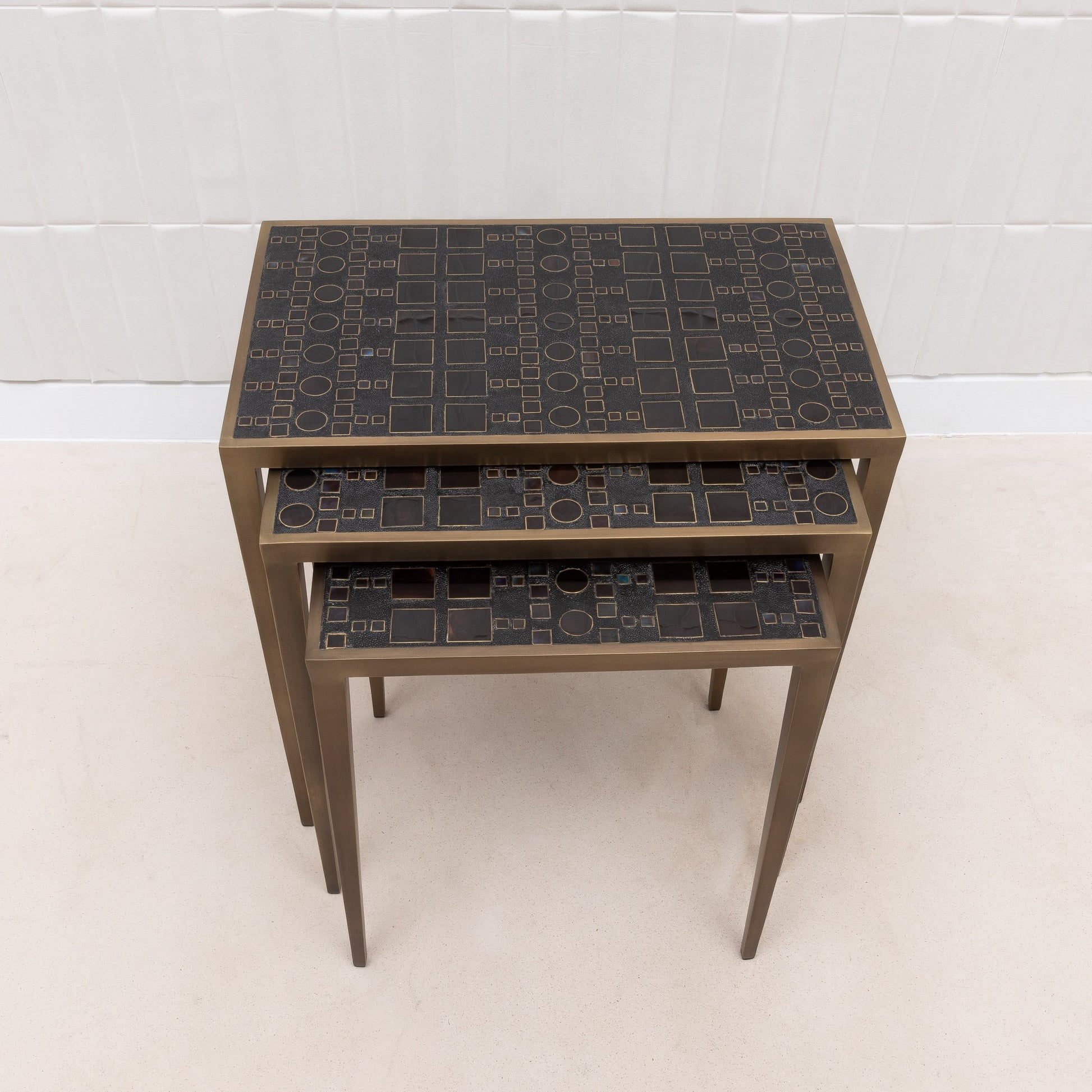 Set of 3 Nesting Tables in Black Shagreen and Pen Shell by R&Y Augousti