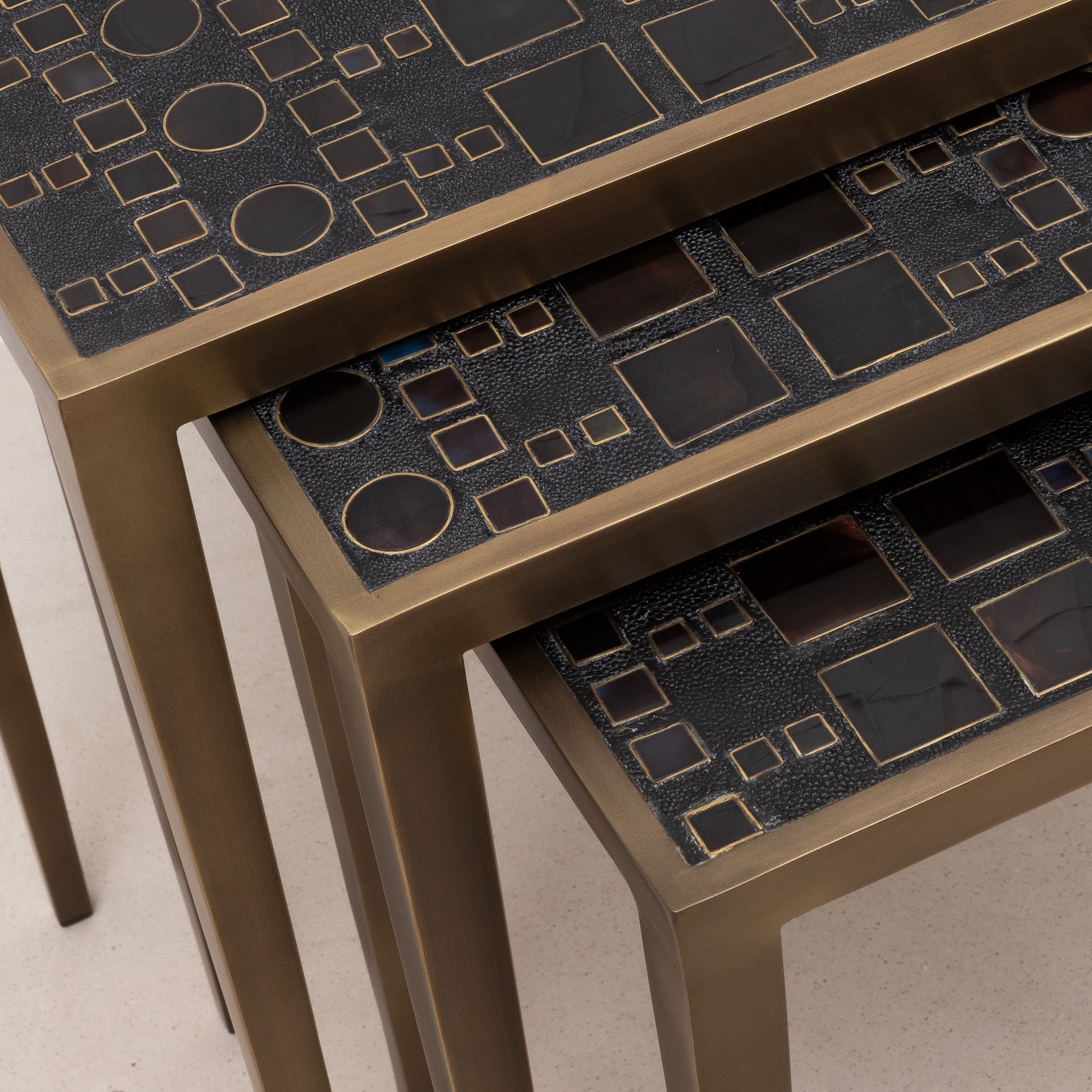 Set of 3 Nesting Tables in Black Shagreen and Pen Shell by R&Y Augousti