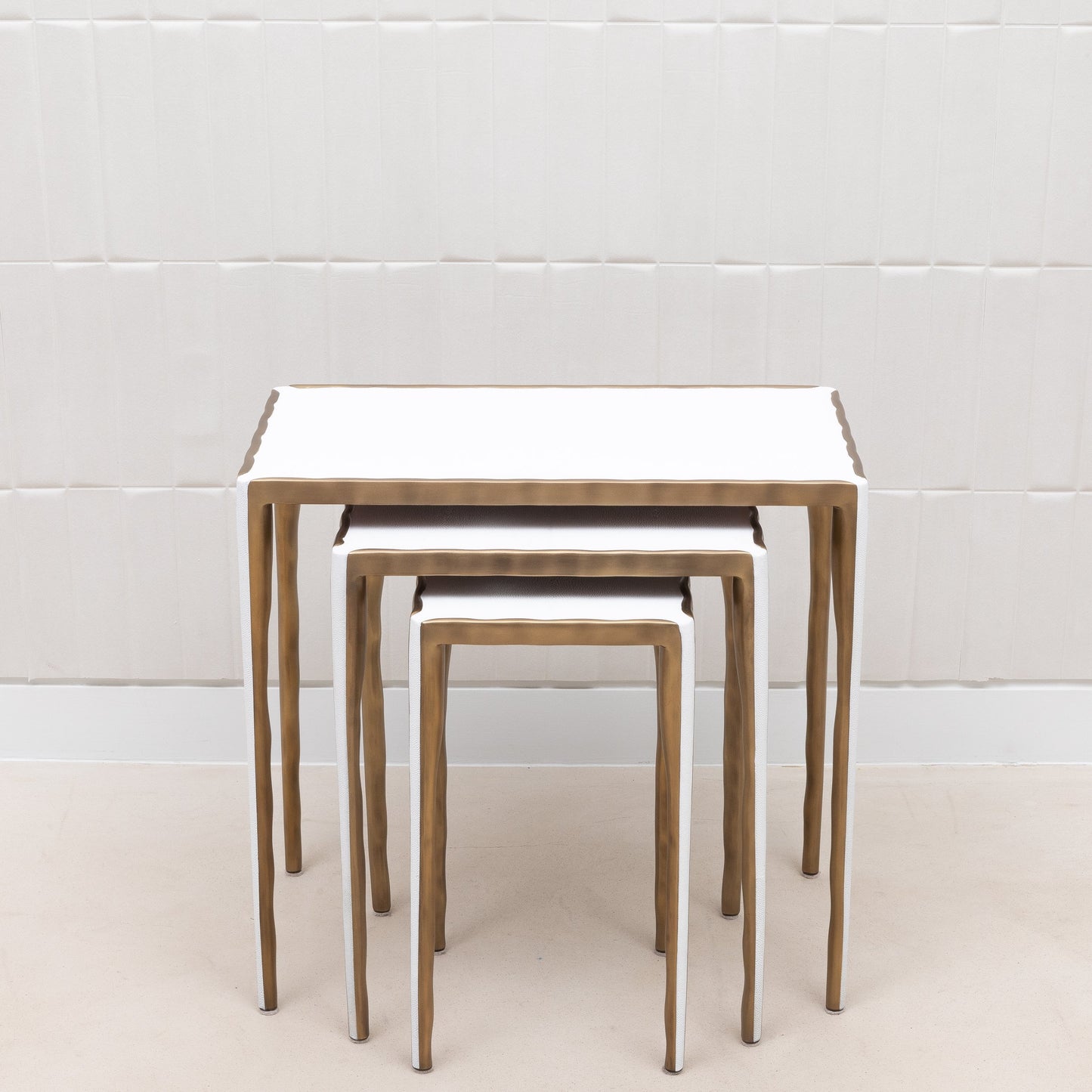 Set of Nesting Tables in White Shagreen with Bronze Patina Brass by R&Y Augousti