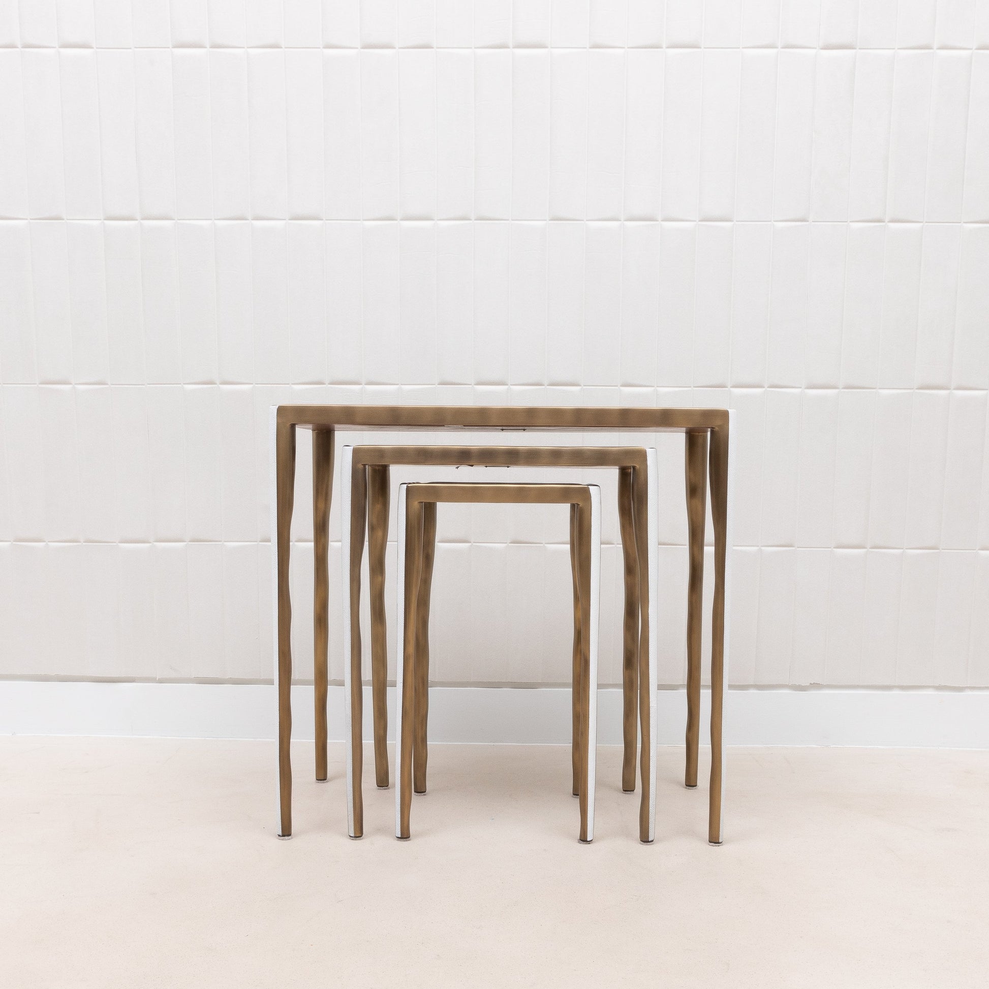 Set of Nesting Tables in White Shagreen with Bronze Patina Brass by R&Y Augousti