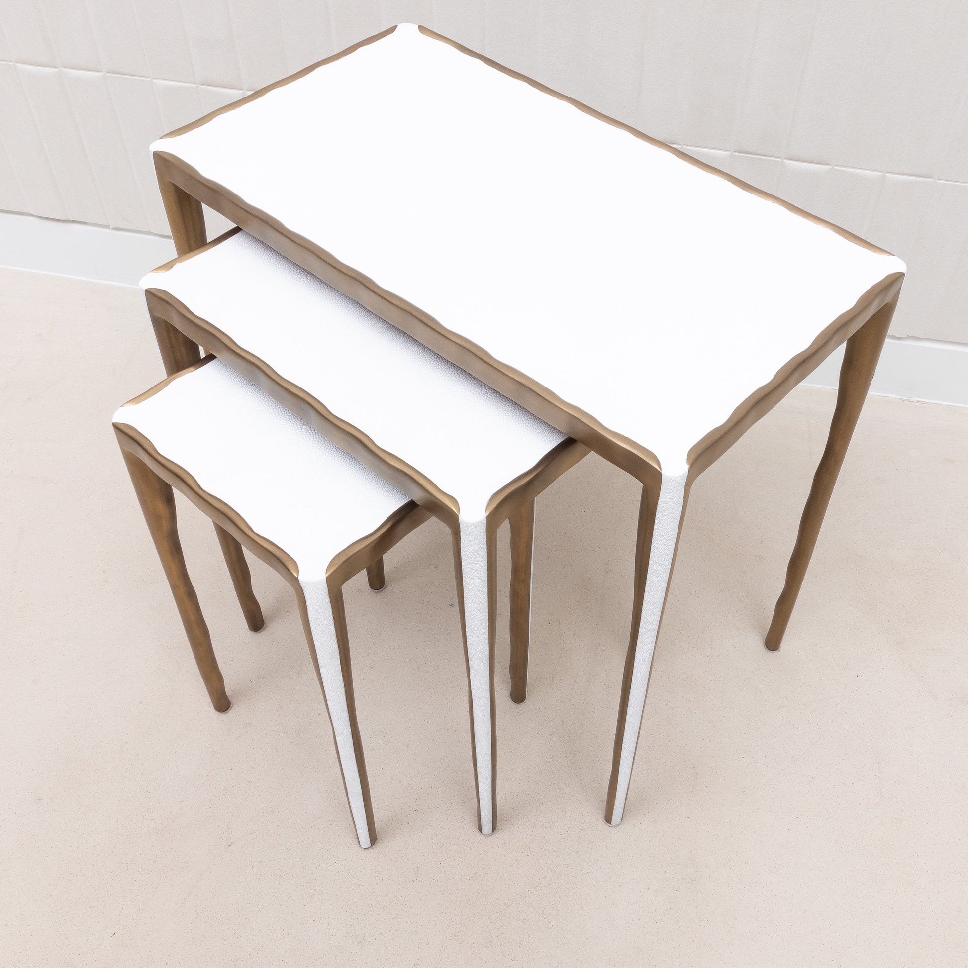 Set of Nesting Tables in White Shagreen with Bronze Patina Brass by R&Y Augousti