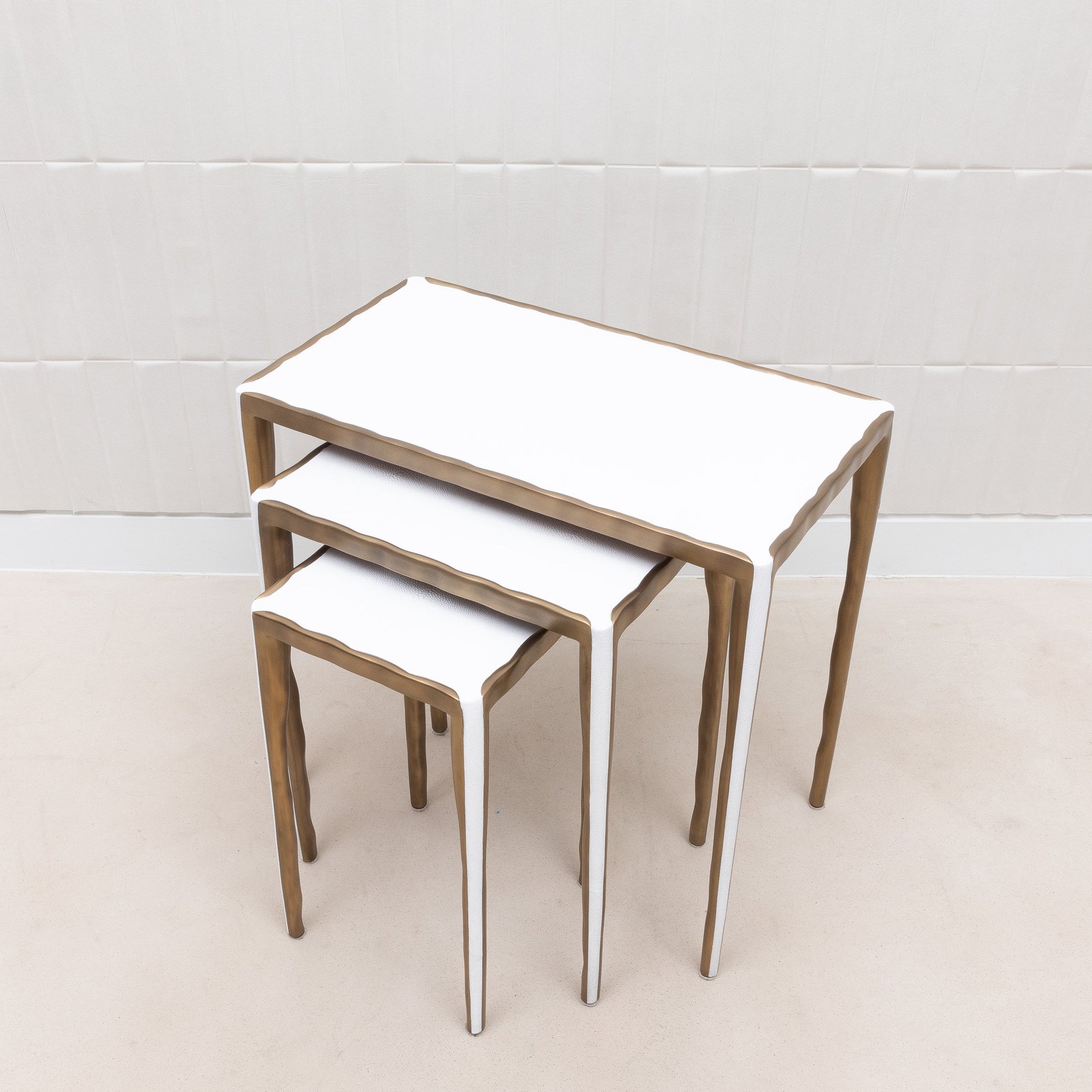 Set of Nesting Tables in White Shagreen with Bronze Patina Brass by R&Y Augousti