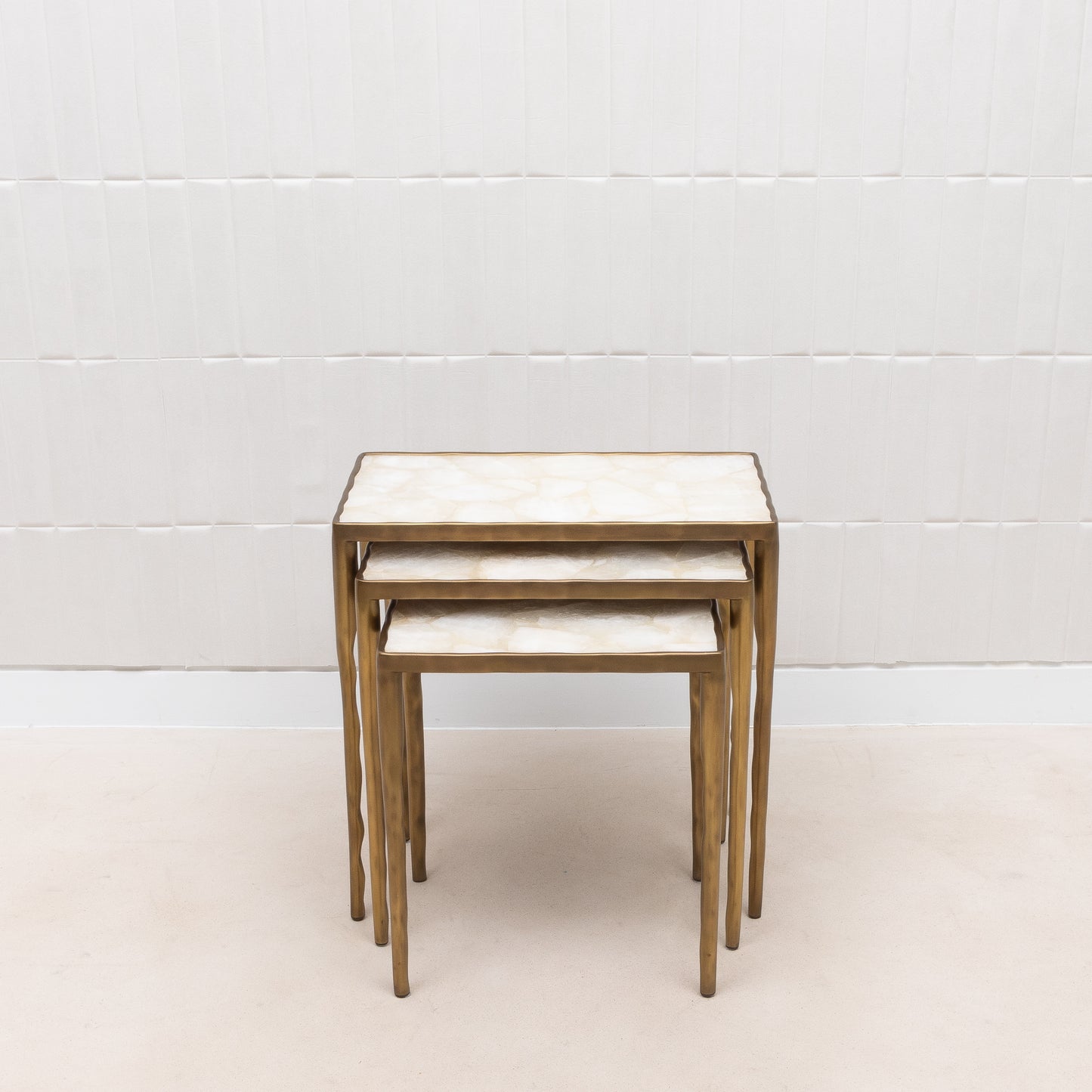Set of 3 Nesting Tables in White Quartz and Bronze Patina Brass by R&Y Augousti