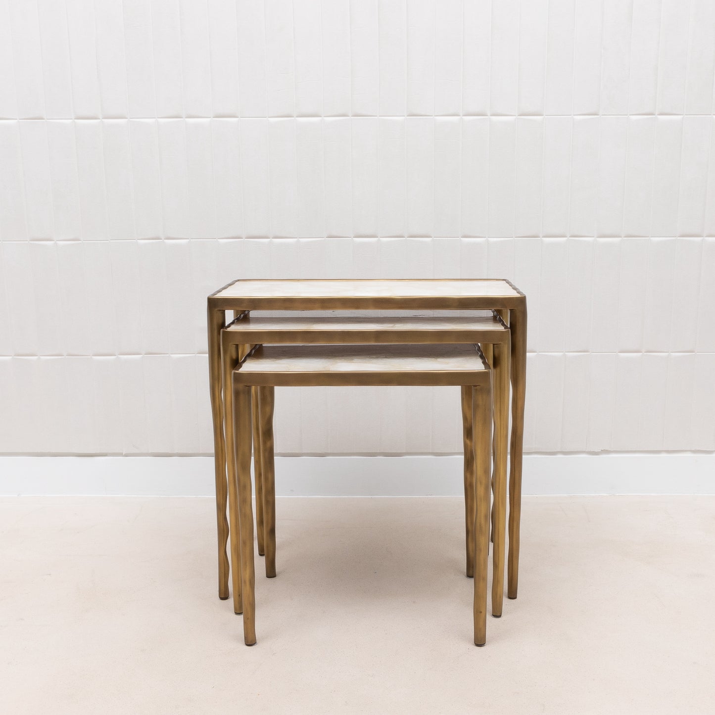 Set of 3 Nesting Tables in White Quartz and Bronze Patina Brass by R&Y Augousti