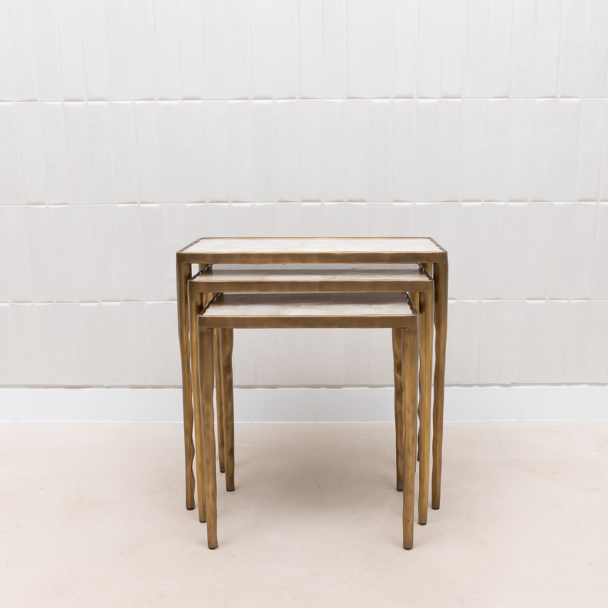 Set of 3 Nesting Tables in White Quartz and Bronze Patina Brass by R&Y Augousti