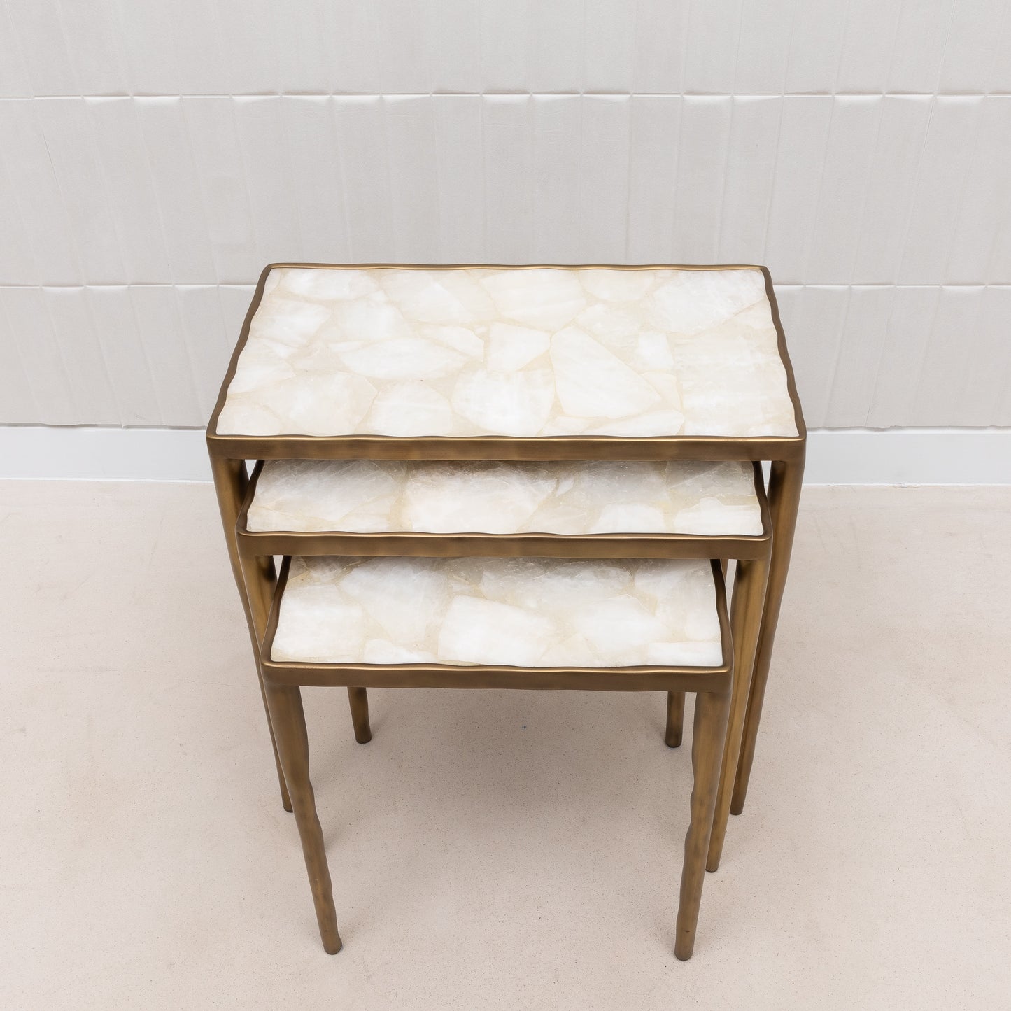 Set of 3 Nesting Tables in White Quartz and Bronze Patina Brass by R&Y Augousti
