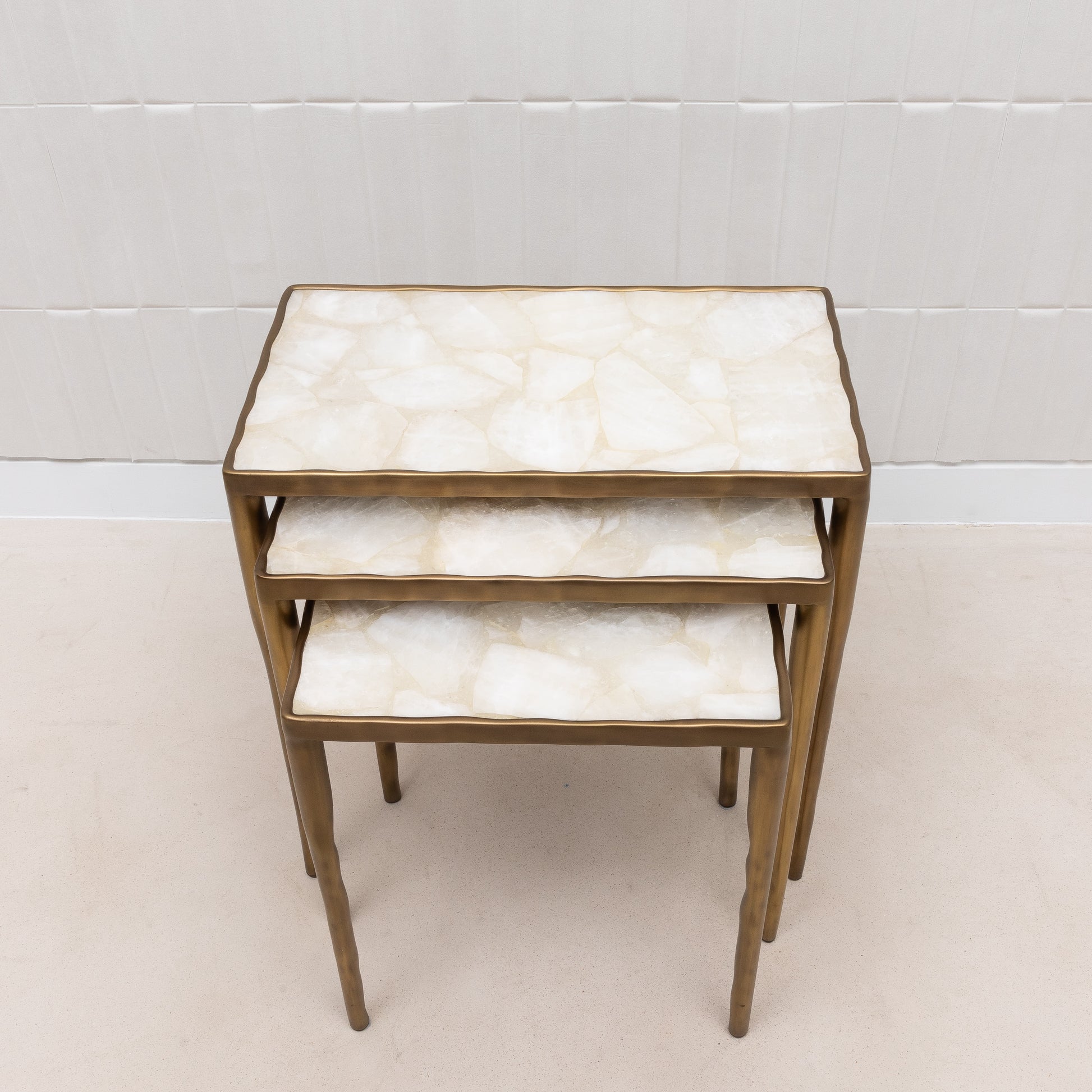 Set of 3 Nesting Tables in White Quartz and Bronze Patina Brass by R&Y Augousti
