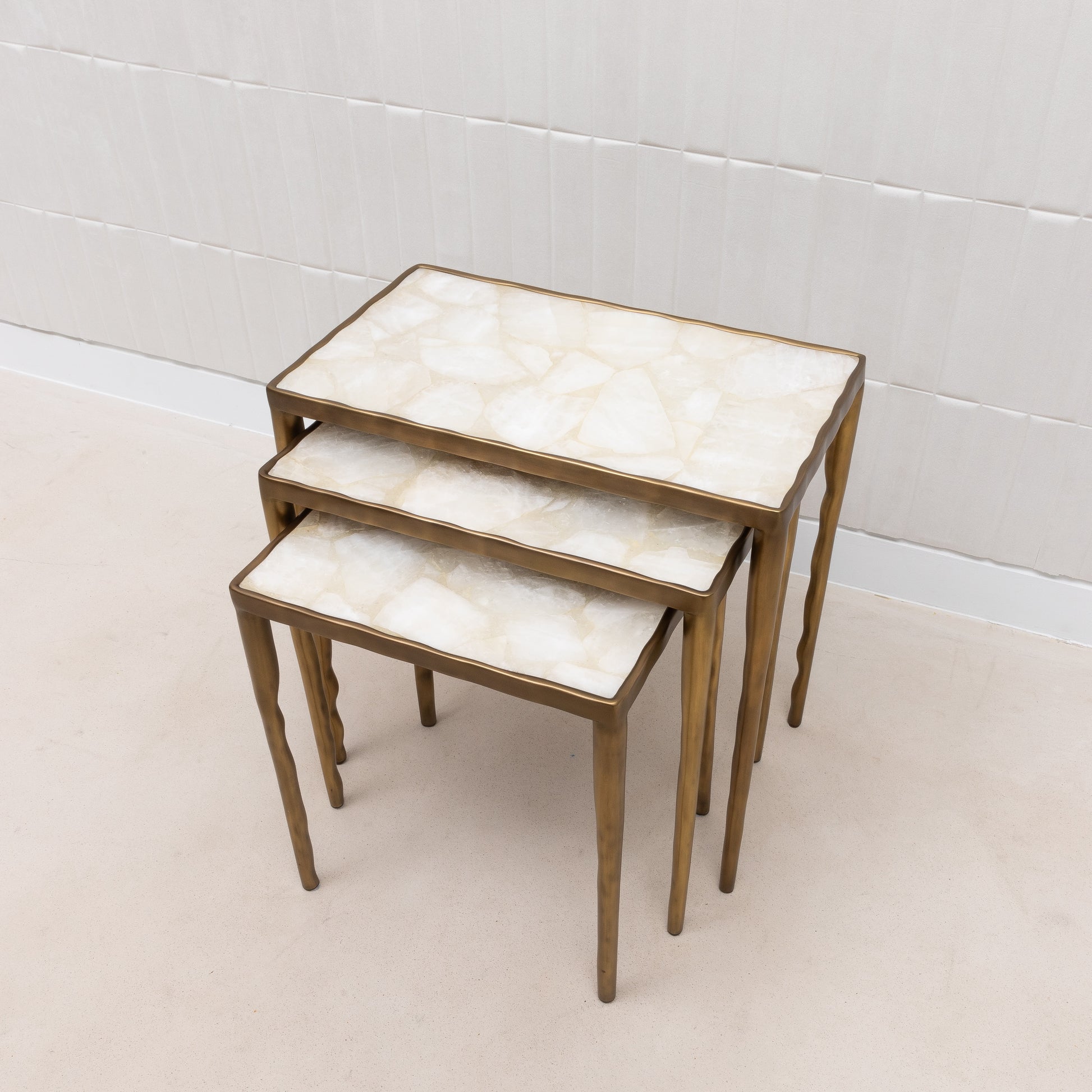 Set of 3 Nesting Tables in White Quartz and Bronze Patina Brass by R&Y Augousti